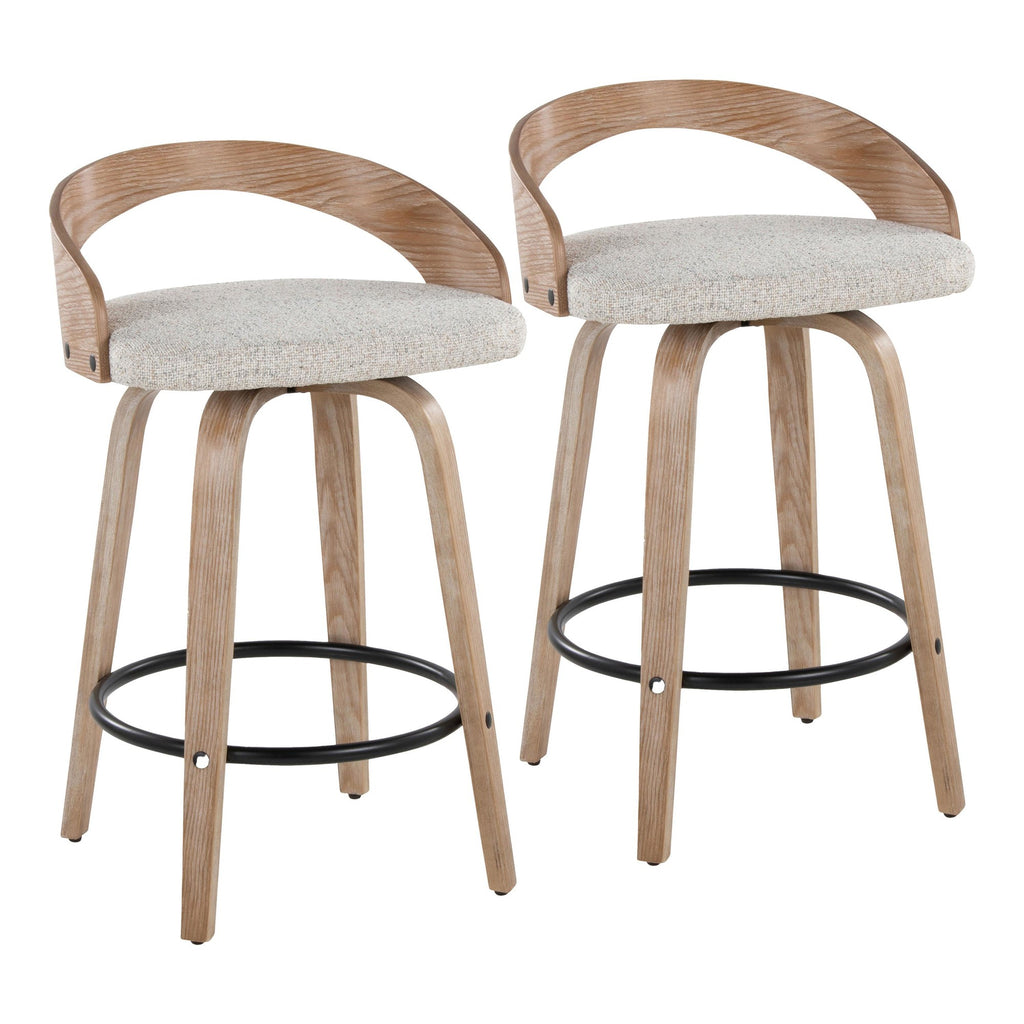 Grotto 26" Fixed-Height Counter Stool - Set of 2 - Whitewashed Wood, Black Metal, Oat Fabric