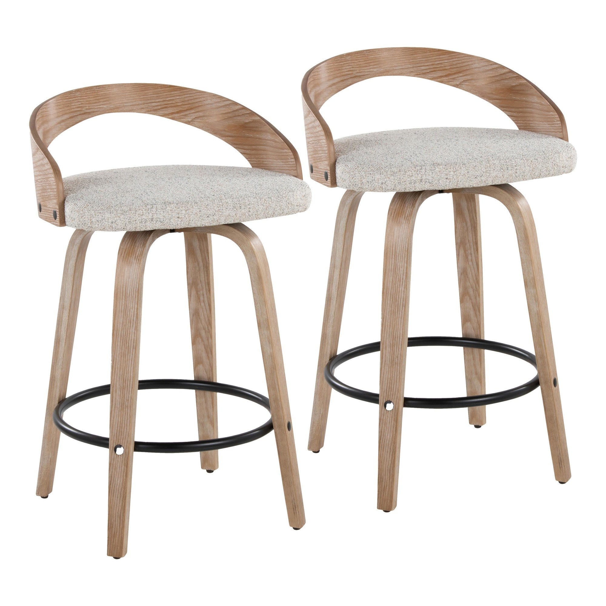 Grotto 26" Fixed-Height Counter Stool - Set of 2 - Whitewashed Wood, Black Metal, Oat Fabric