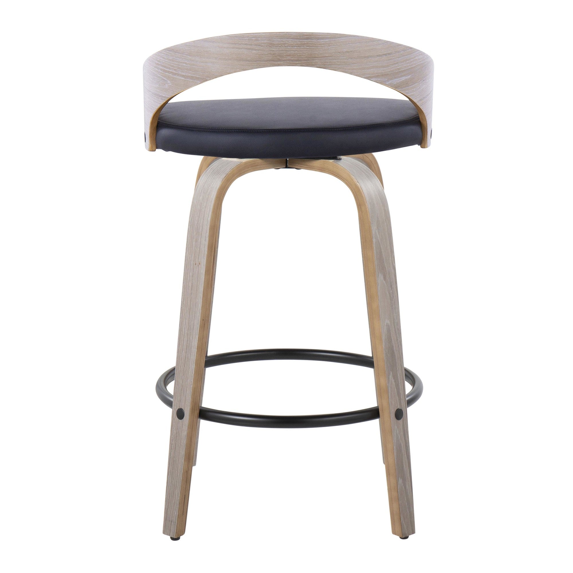 Grotto 26" Fixed-Height Counter Stool - Set of 2 - Light Grey Wood, Black Metal, Black PU