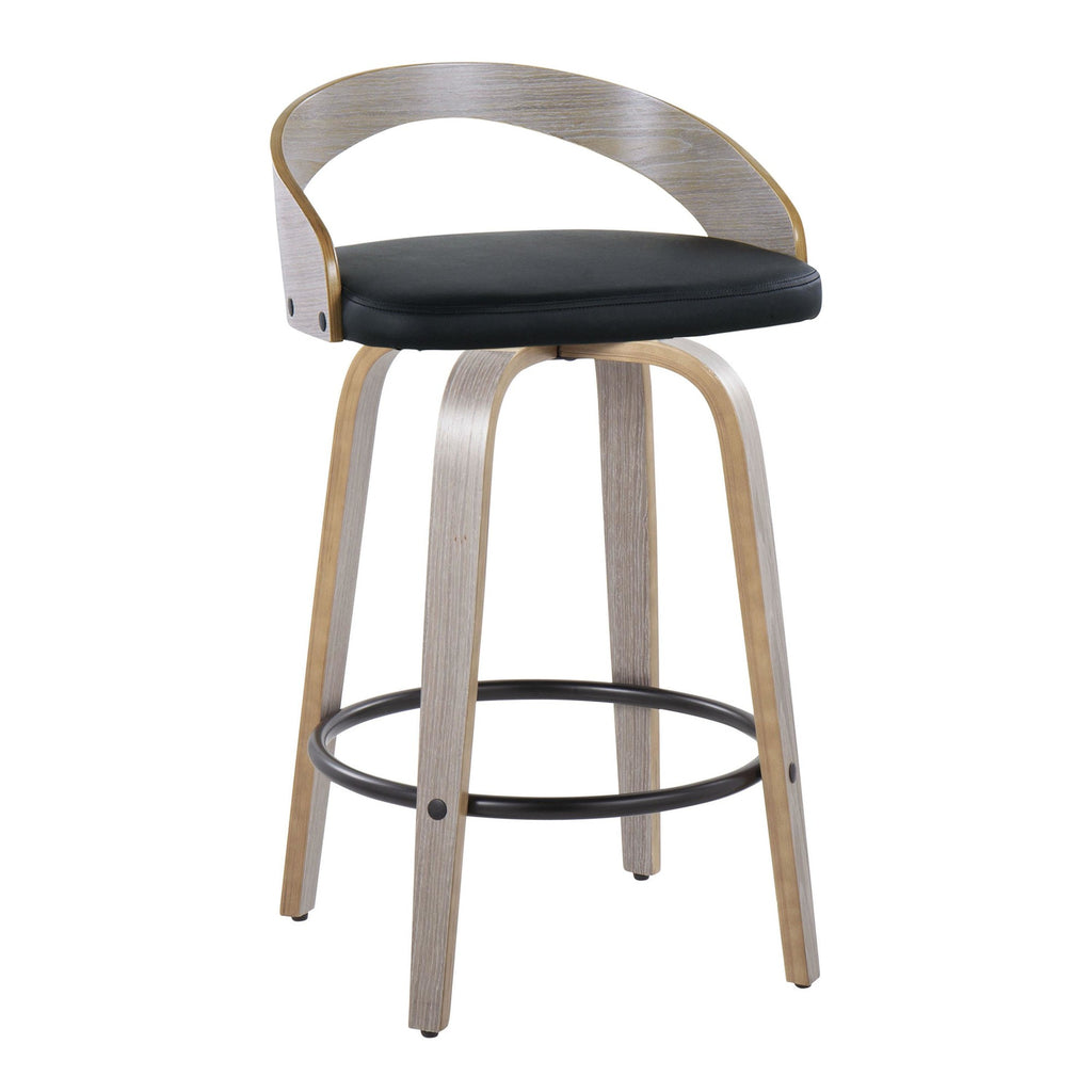Grotto 26" Fixed-Height Counter Stool - Set of 2 - Light Grey Wood, Black Metal, Black PU