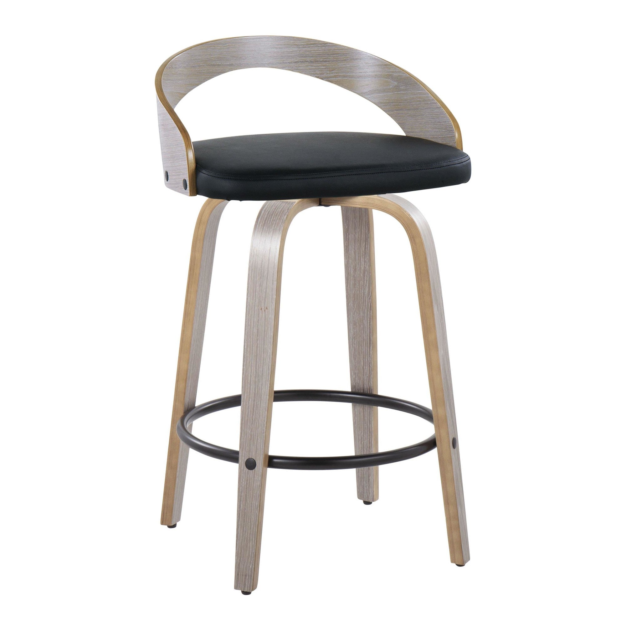Grotto 26" Fixed-Height Counter Stool - Set of 2 - Light Grey Wood, Black Metal, Black PU
