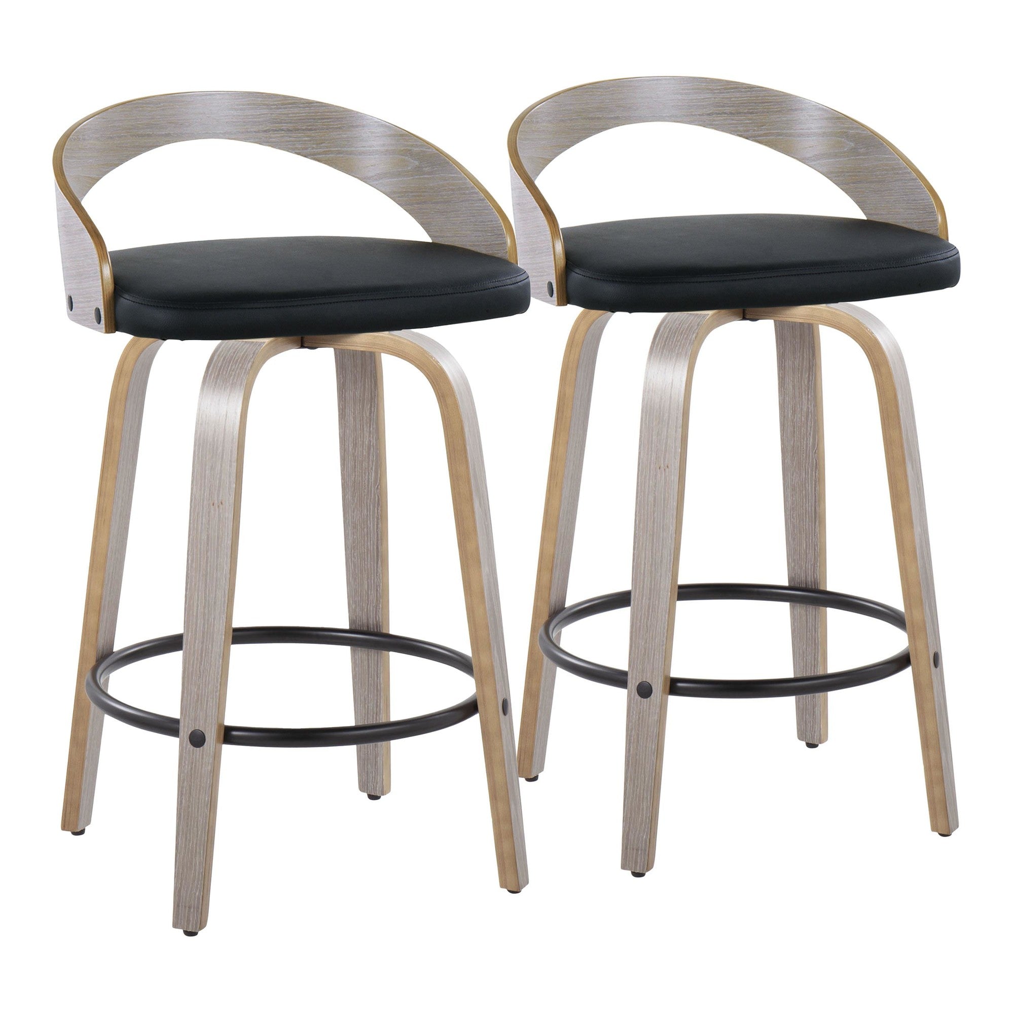 Grotto 26" Fixed-Height Counter Stool - Set of 2 - Light Grey Wood, Black Metal, Black PU