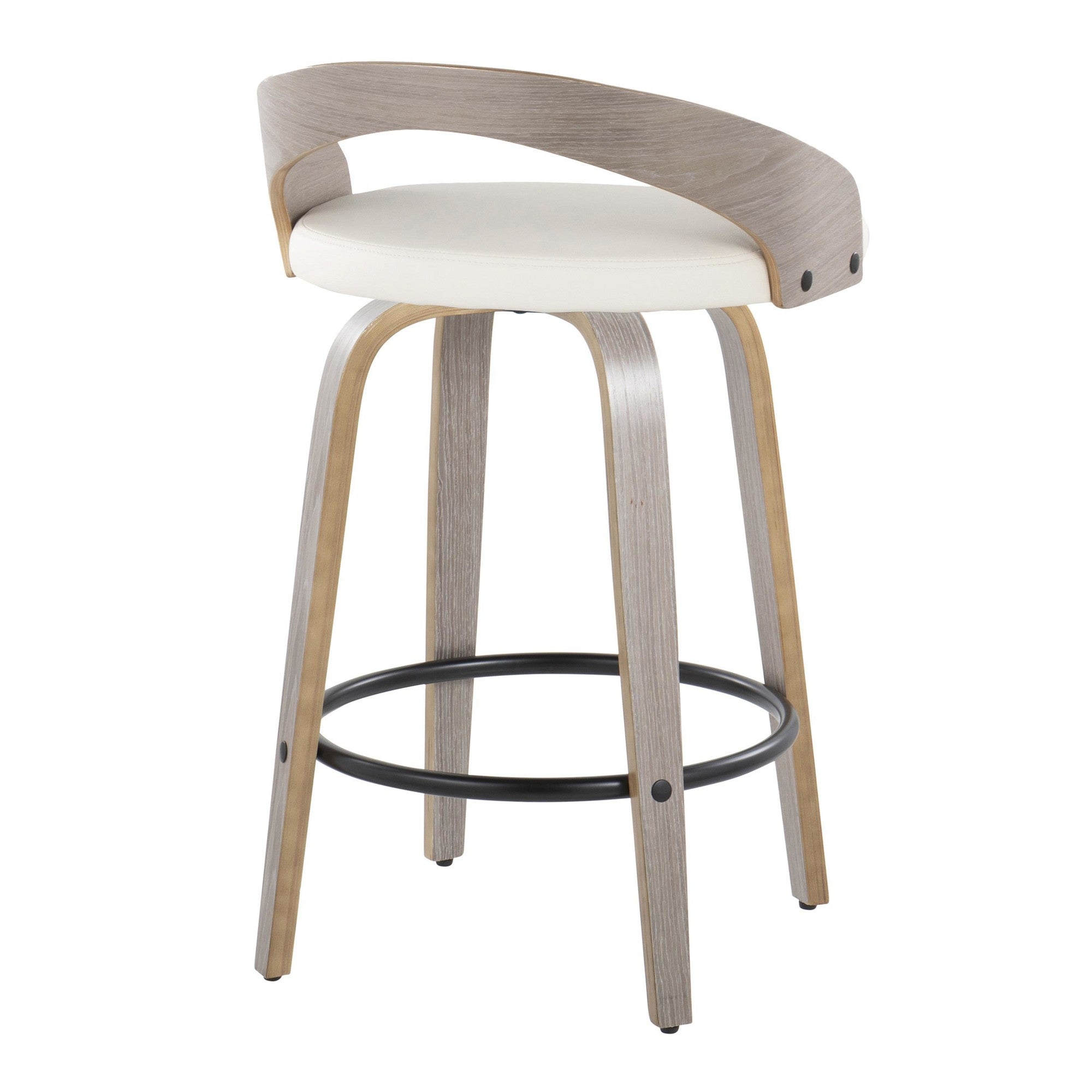 Grotto 26" Fixed-Height Counter Stool - Set of 2 - Light Grey Wood, White PU, Black Metal
