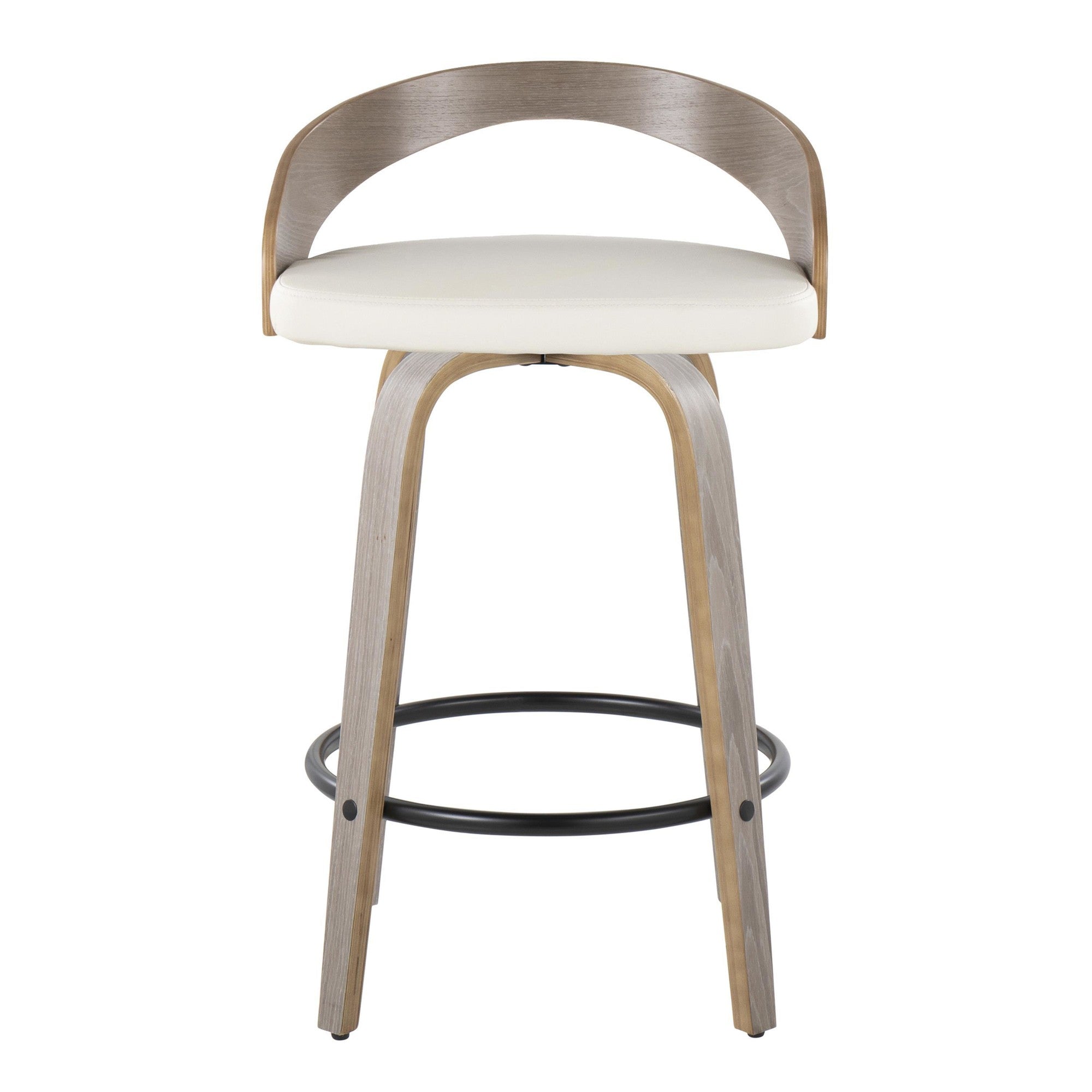 Grotto 26" Fixed-Height Counter Stool - Set of 2 - Light Grey Wood, White PU, Black Metal