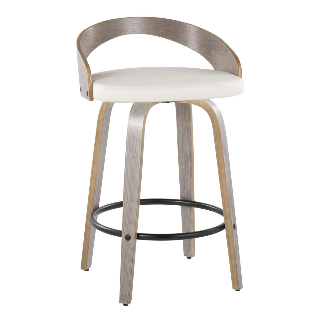 Grotto 26" Fixed-Height Counter Stool - Set of 2 - Light Grey Wood, White PU, Black Metal