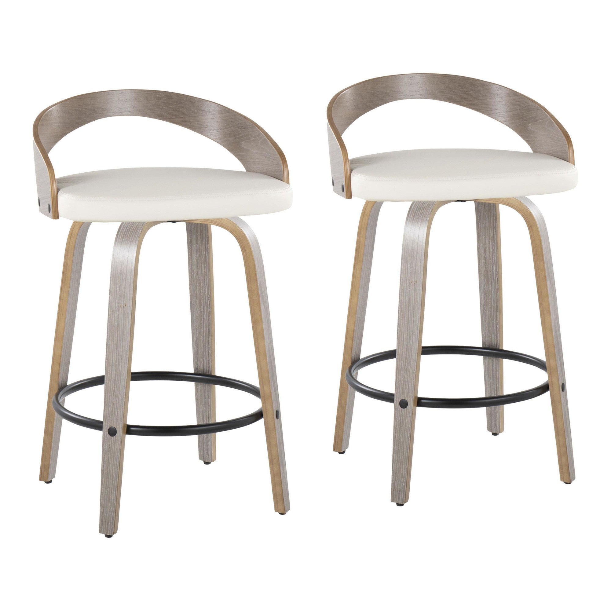 Grotto 26" Fixed-Height Counter Stool - Set of 2 - Light Grey Wood, White PU, Black Metal