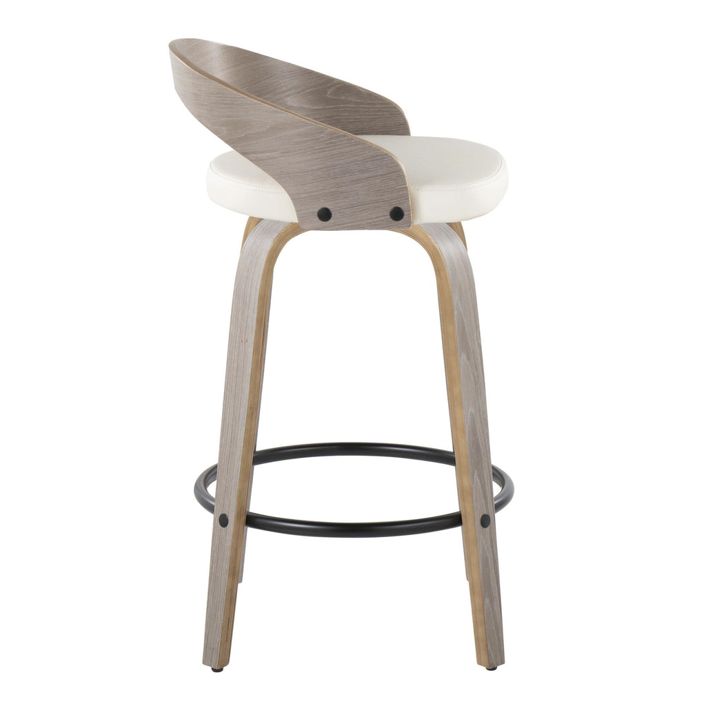 Grotto 26" Fixed-Height Counter Stool - Set of 2 - Light Grey Wood, White PU, Black Metal