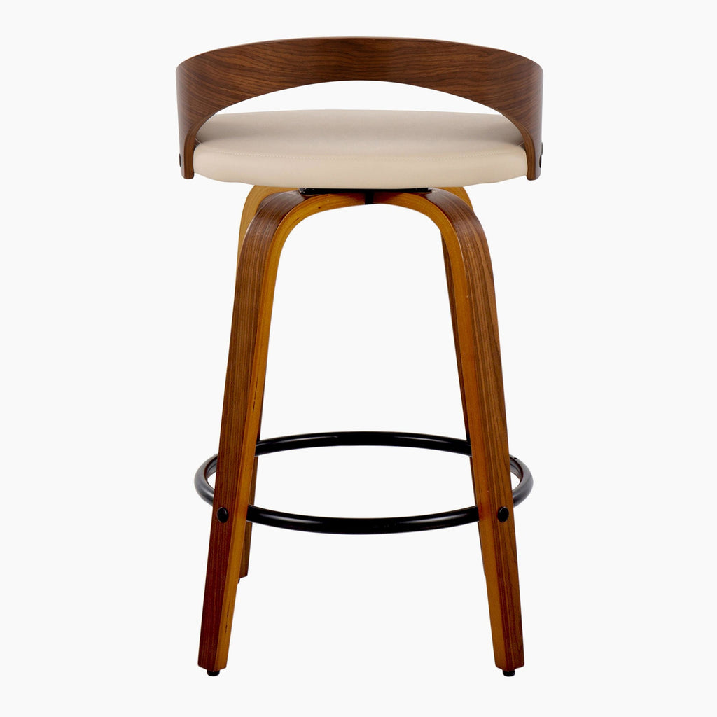 Grotto 26" Fixed-Height Counter Stool - Set of 2 - Walnut Wood, Black Metal, Cream PU
