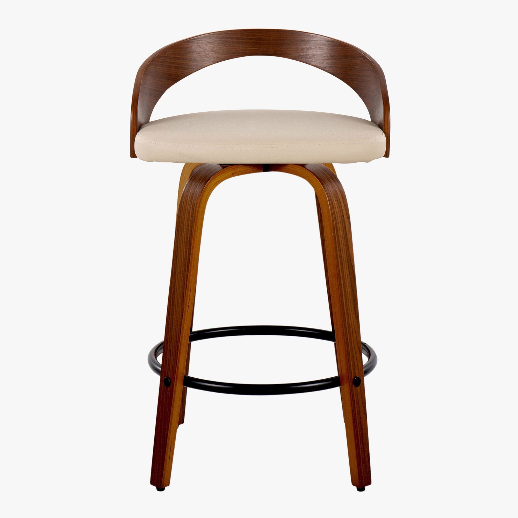 Grotto 26" Fixed-Height Counter Stool - Set of 2 - Walnut Wood, Black Metal, Cream PU