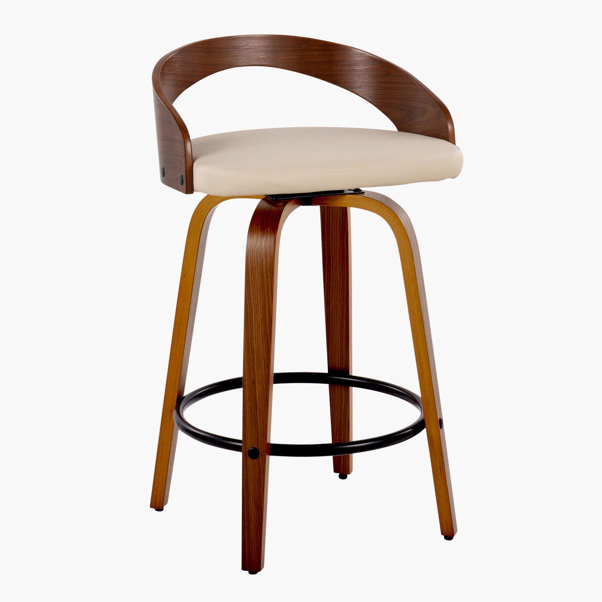 Grotto 26" Fixed-Height Counter Stool - Set of 2 - Walnut Wood, Black Metal, Cream PU