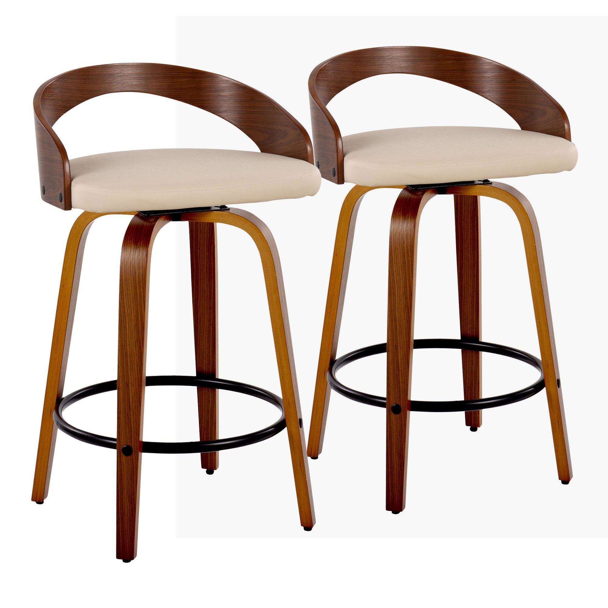 Grotto 26" Fixed-Height Counter Stool - Set of 2 - Walnut Wood, Black Metal, Cream PU