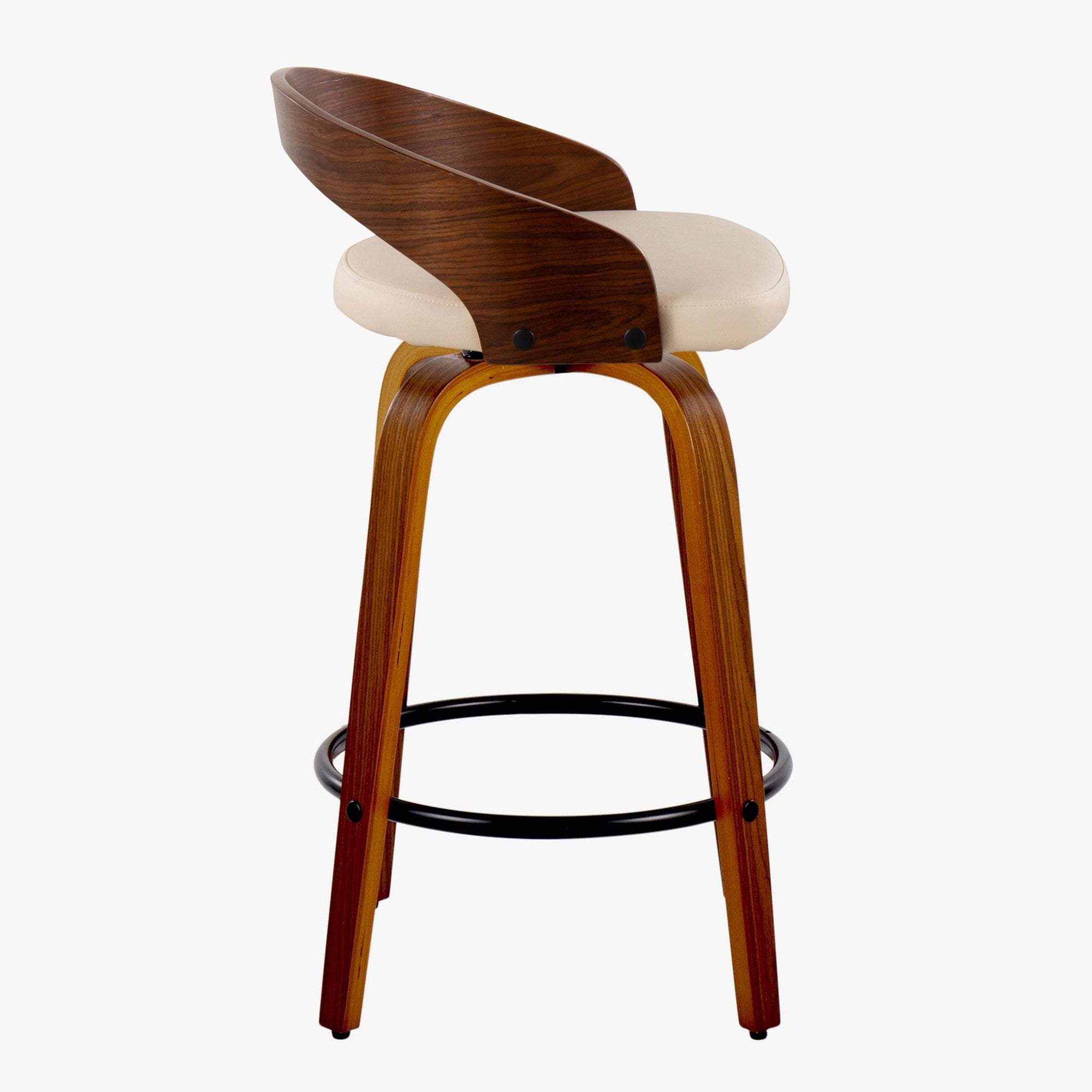 Grotto 26" Fixed-Height Counter Stool - Set of 2 - Walnut Wood, Black Metal, Cream PU