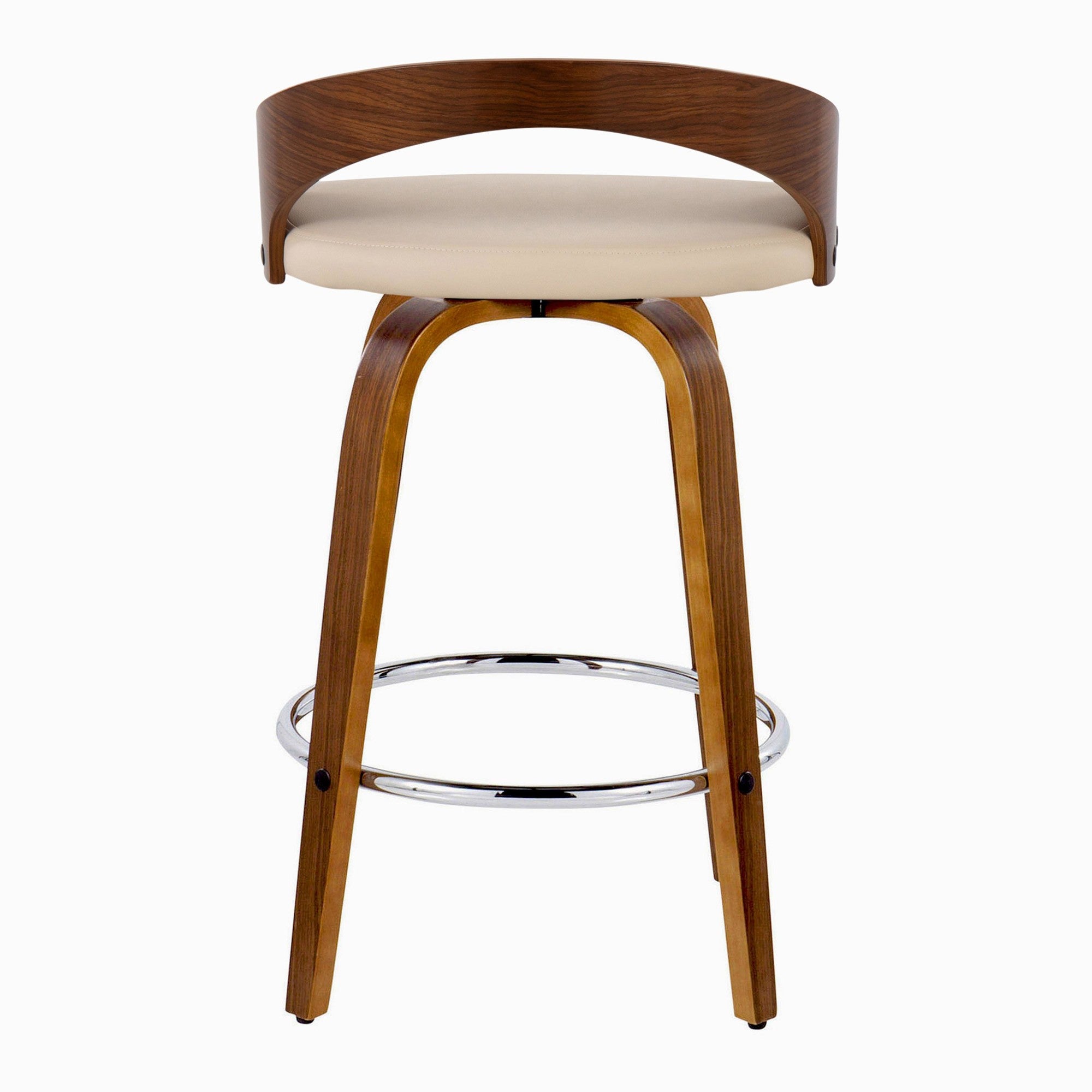 Grotto 26" Fixed-Height Counter Stool - Set of 2 - Walnut Wood, Chrome Metal, Cream PU