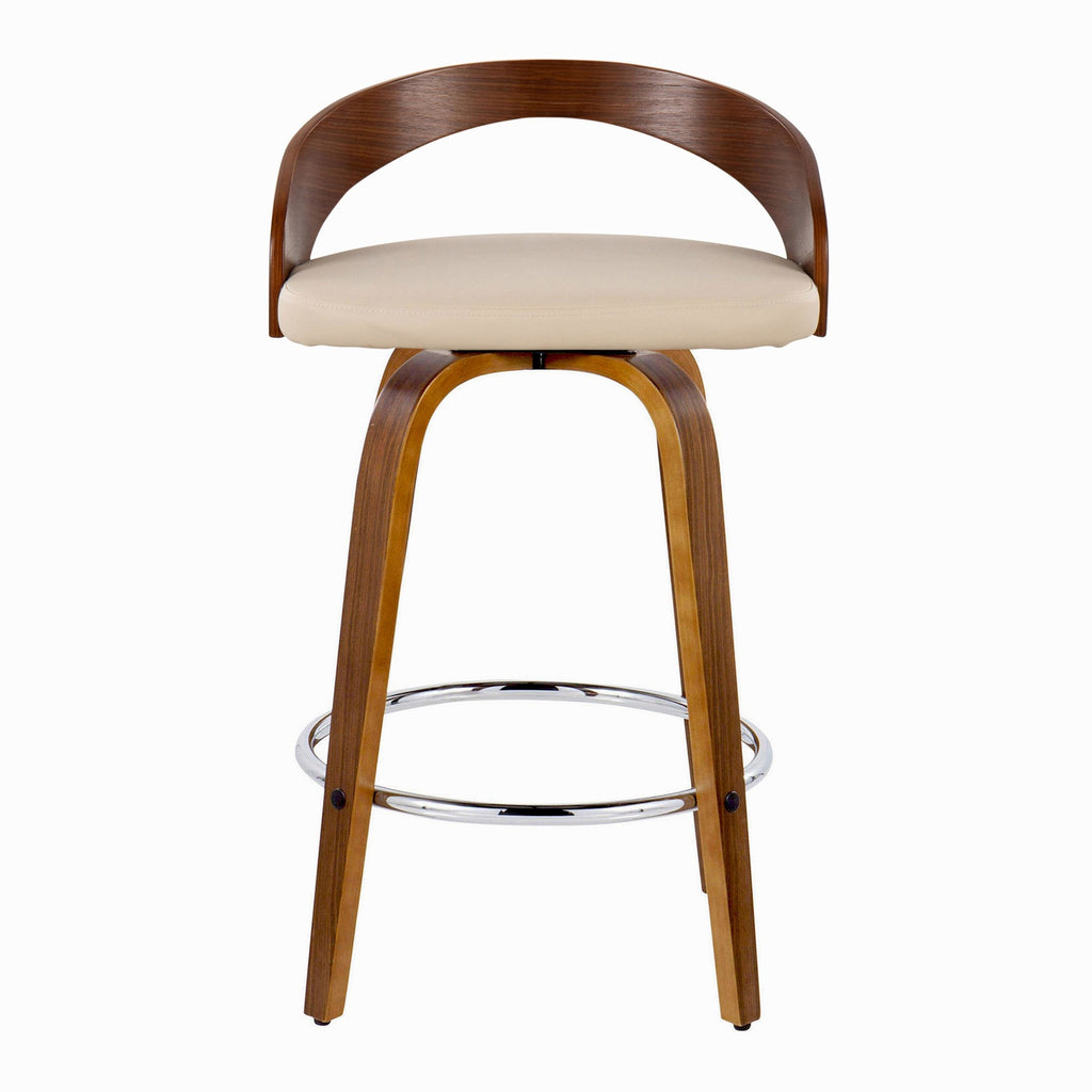 Grotto 26" Fixed-Height Counter Stool - Set of 2 - Walnut Wood, Chrome Metal, Cream PU