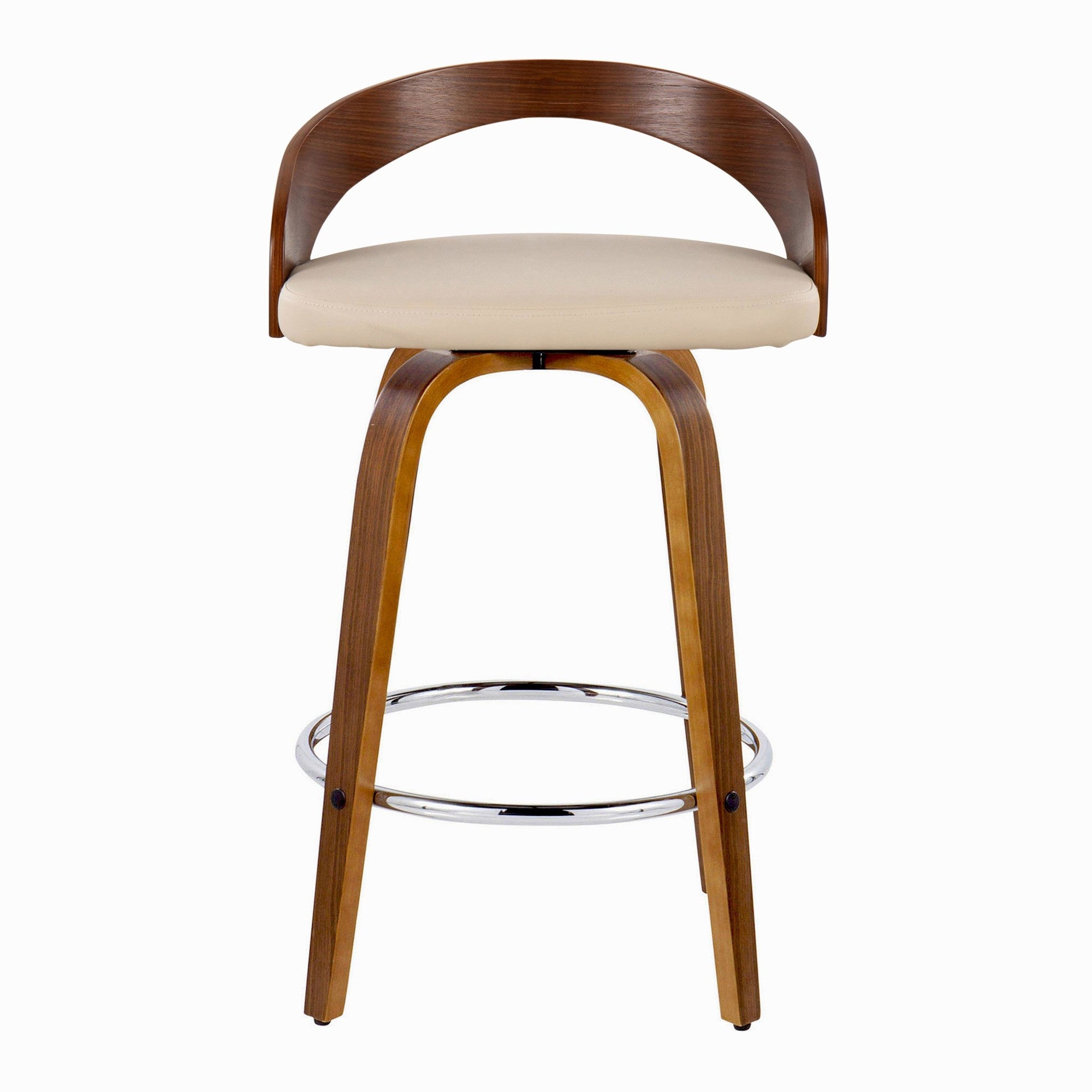 Grotto 26" Fixed-Height Counter Stool - Set of 2 - Walnut Wood, Chrome Metal, Cream PU