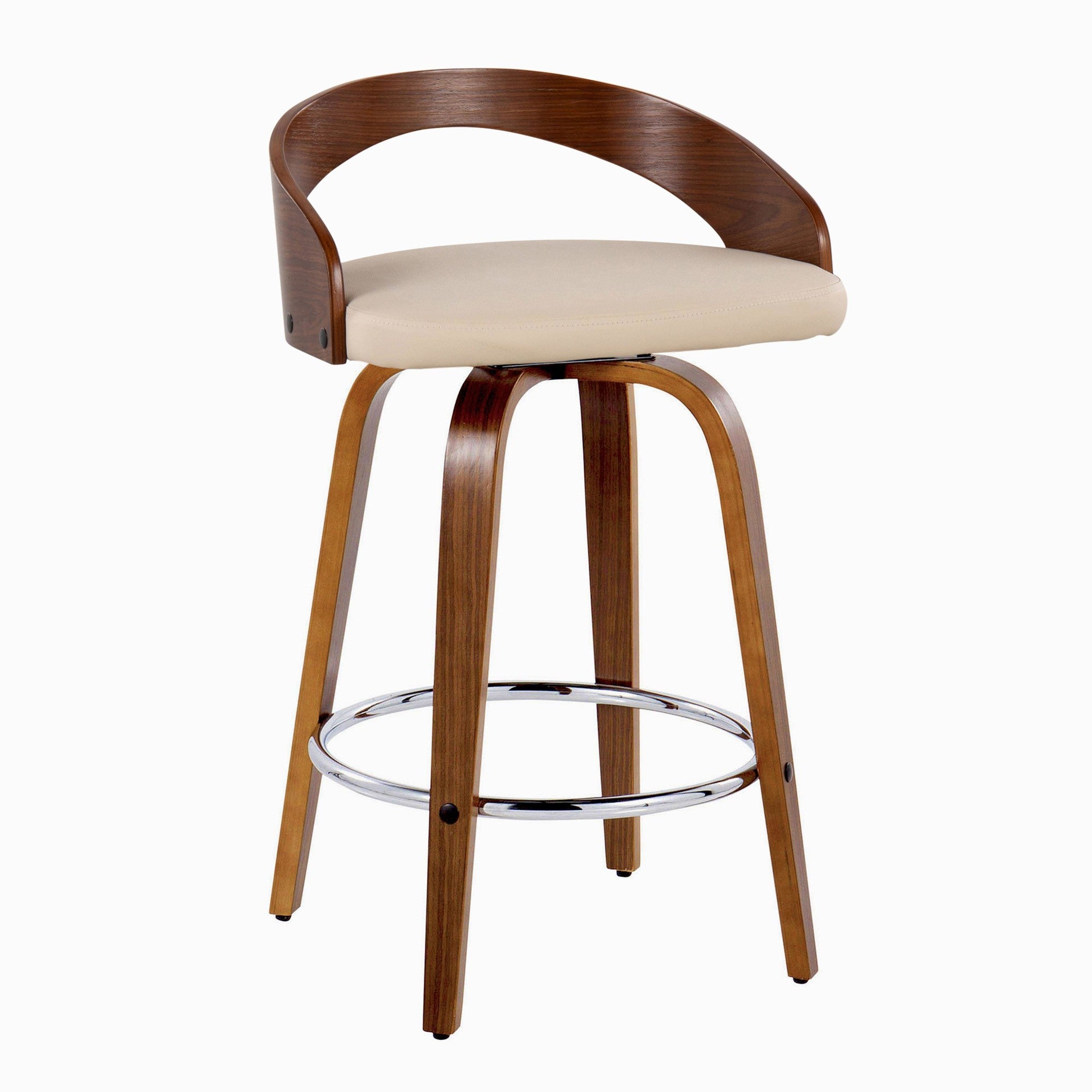 Grotto 26" Fixed-Height Counter Stool - Set of 2 - Walnut Wood, Chrome Metal, Cream PU