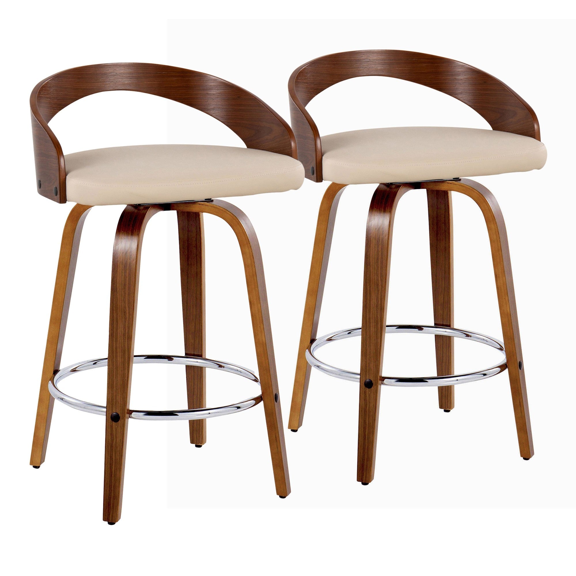 Grotto 26" Fixed-Height Counter Stool - Set of 2 - Walnut Wood, Chrome Metal, Cream PU