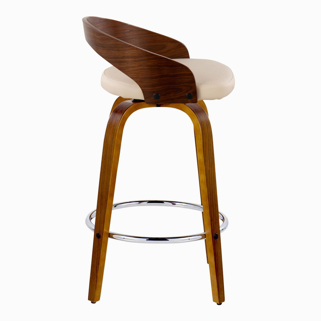 Grotto 26" Fixed-Height Counter Stool - Set of 2 - Walnut Wood, Chrome Metal, Cream PU