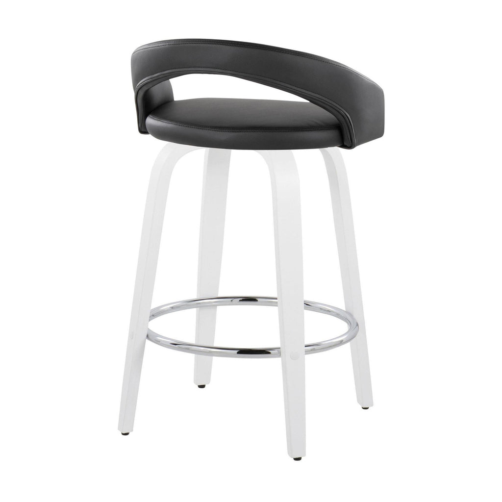 Grotto Upholstered 26" Fixed-Height Counter Stool - Set of 2 - White Wood, Black PU, Chrome Metal