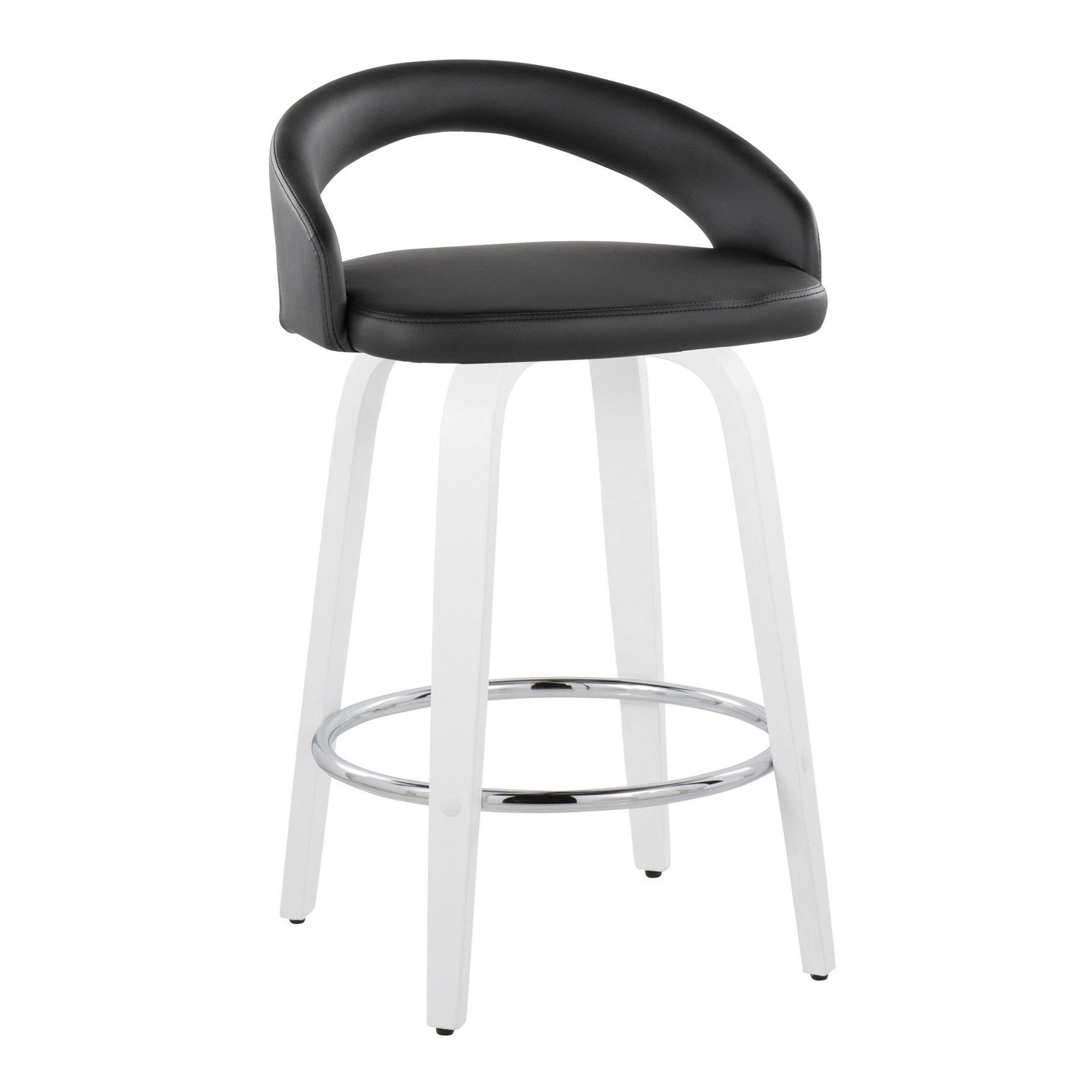 Grotto Upholstered 26" Fixed-Height Counter Stool - Set of 2 - White Wood, Black PU, Chrome Metal