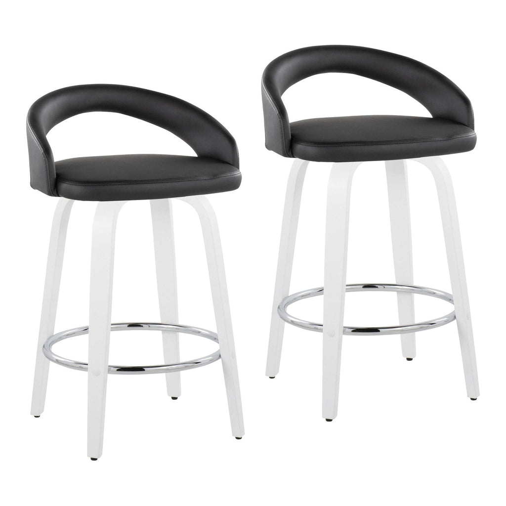 Grotto Upholstered 26" Fixed-Height Counter Stool - Set of 2 - White Wood, Black PU, Chrome Metal