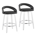 Grotto Upholstered 26" Fixed-Height Counter Stool - Set of 2 - White Wood, Black PU, Chrome Metal