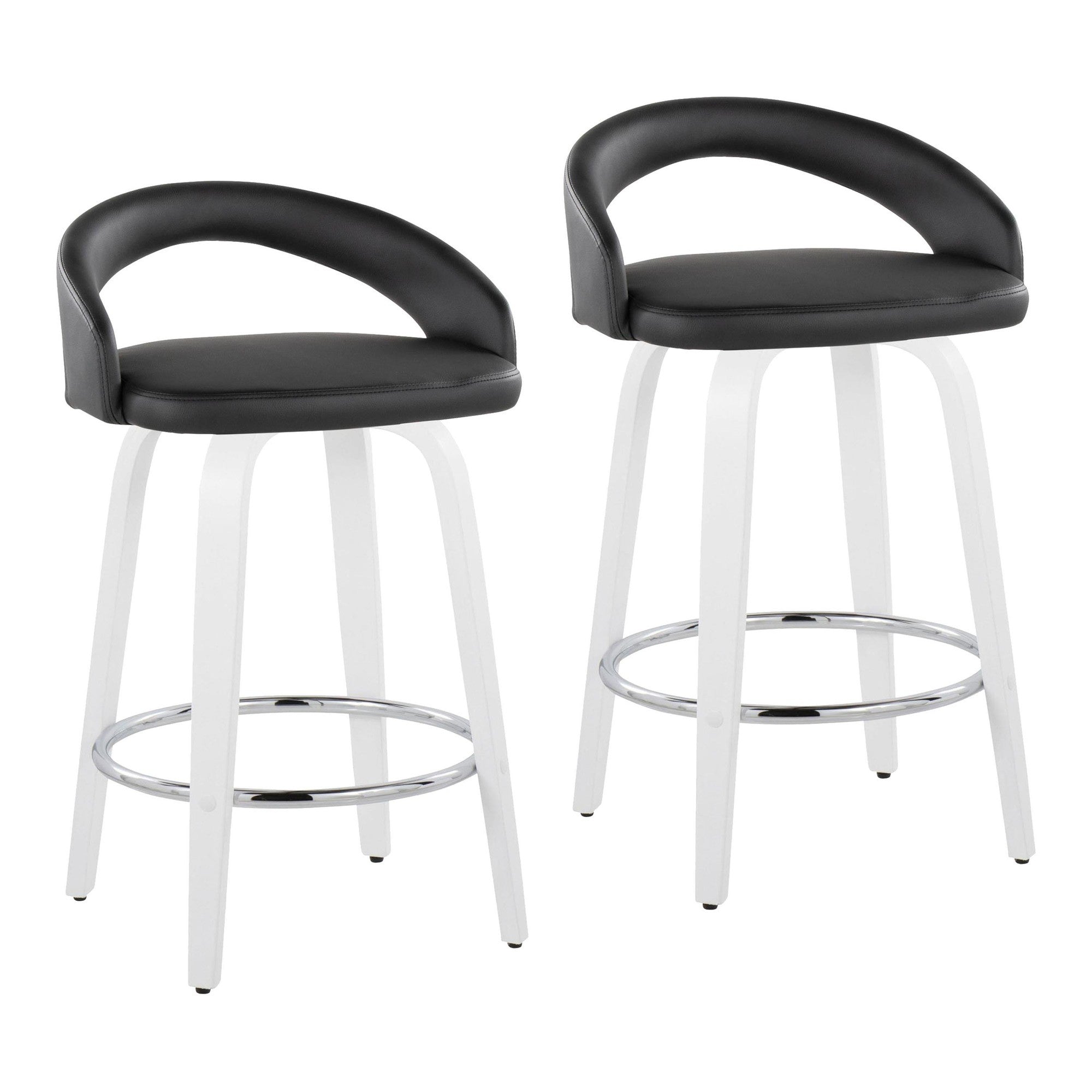 Grotto Upholstered 26" Fixed-Height Counter Stool - Set of 2 - White Wood, Black PU, Chrome Metal