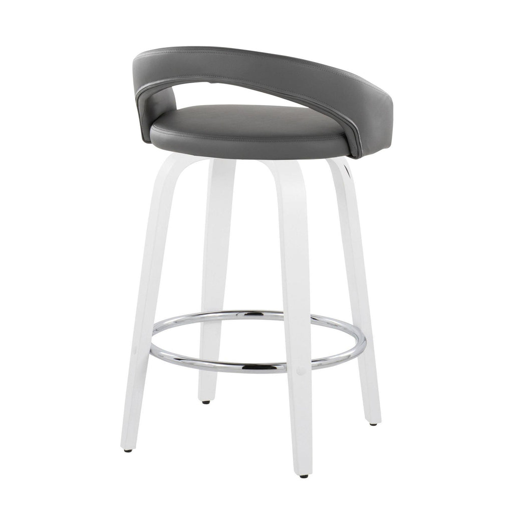 Grotto Upholstered 26" Fixed-Height Counter Stool - Set of 2 - White Wood, Grey PU, Chrome Metal