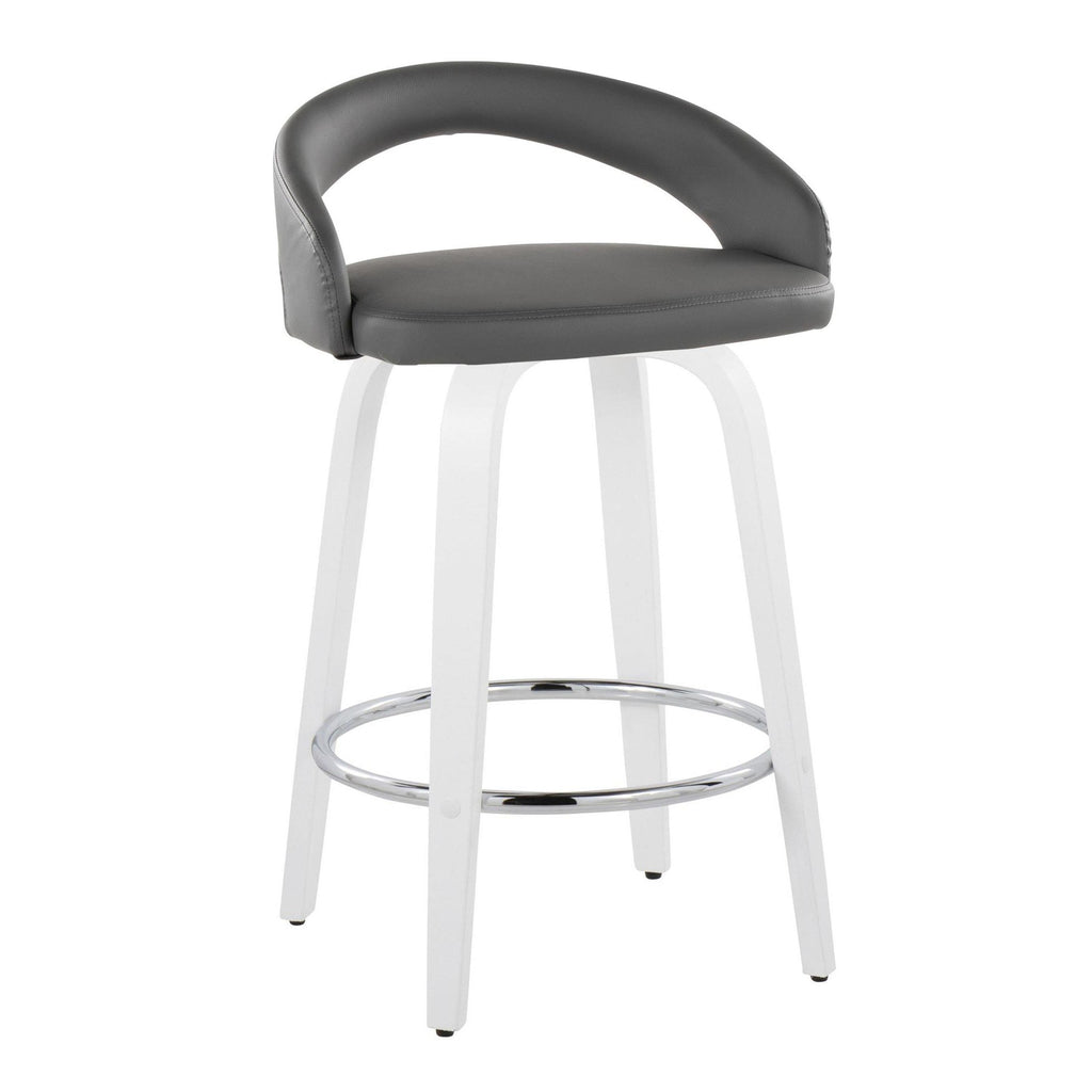 Grotto Upholstered 26" Fixed-Height Counter Stool - Set of 2 - White Wood, Grey PU, Chrome Metal