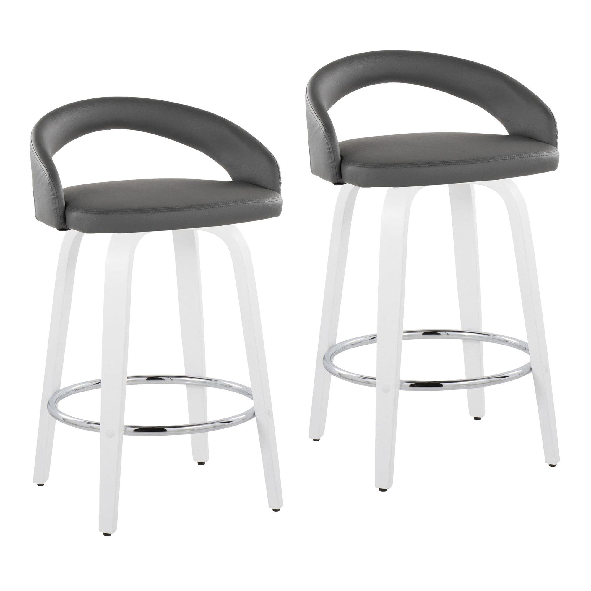 Grotto Upholstered 26" Fixed-Height Counter Stool - Set of 2 - White Wood, Grey PU, Chrome Metal