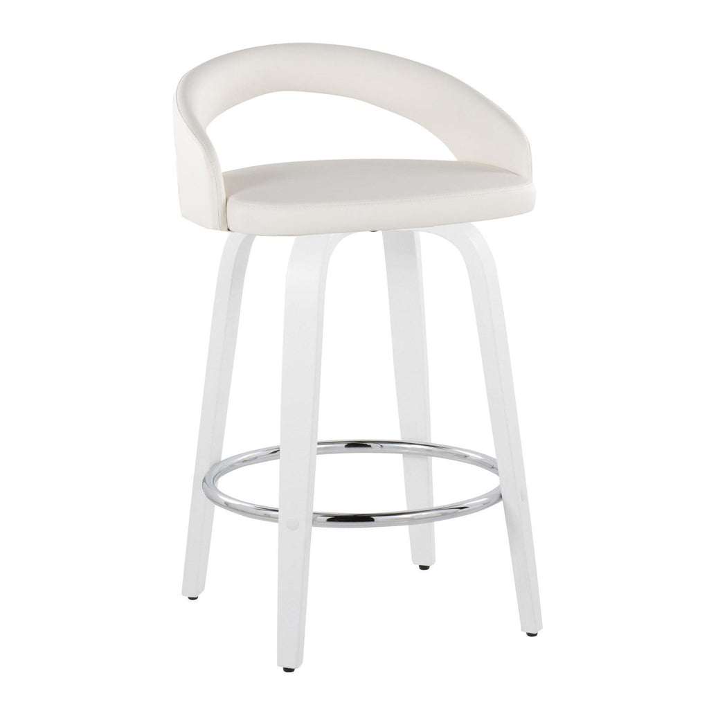 Grotto Upholstered 26" Fixed-Height Counter Stool - Set of 2 - White Wood, White PU, Chrome Metal