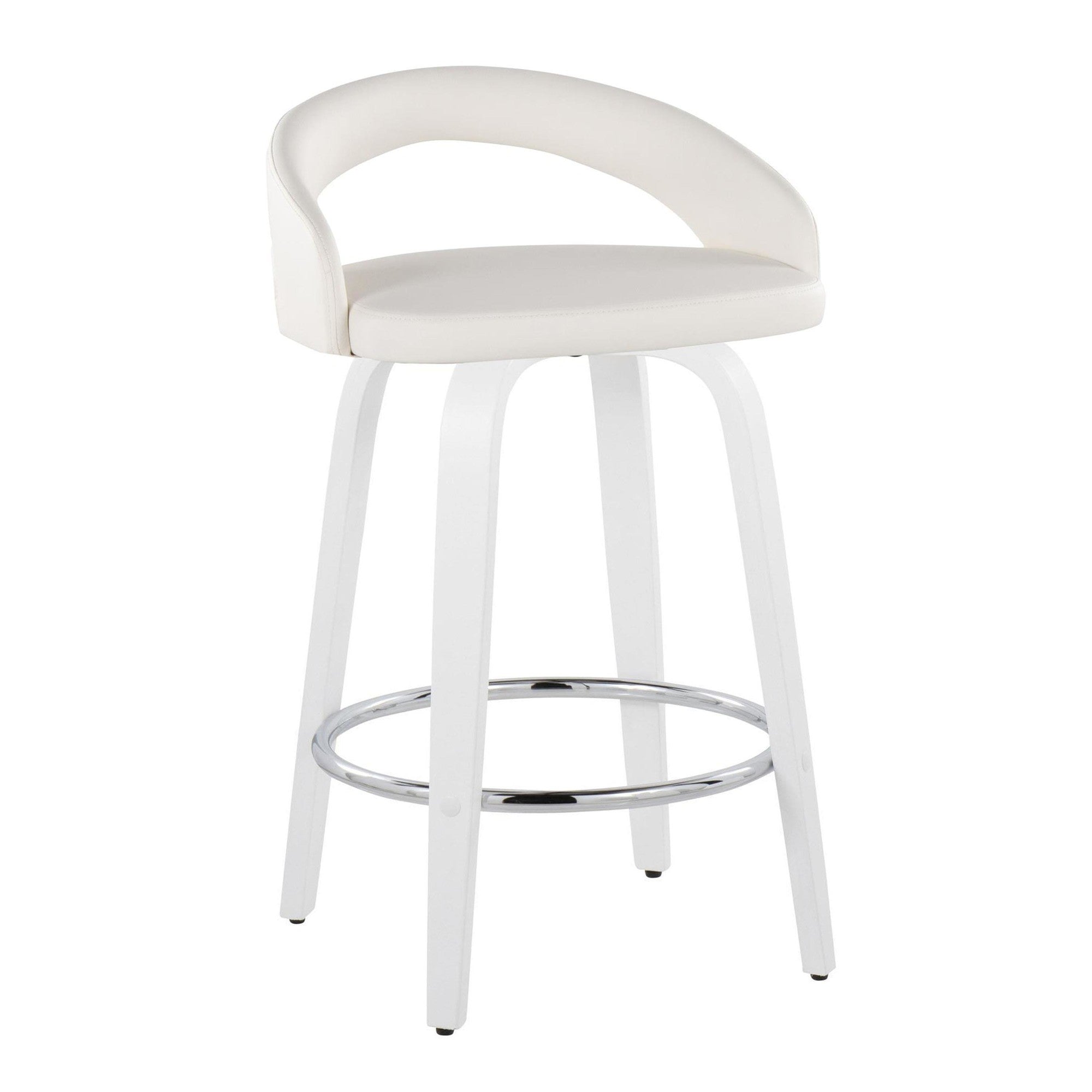 Grotto Upholstered 26" Fixed-Height Counter Stool - Set of 2 - White Wood, White PU, Chrome Metal