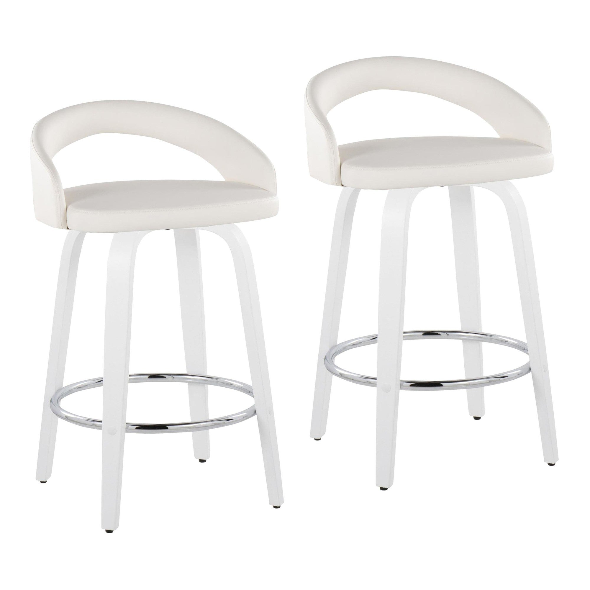 Grotto Upholstered 26" Fixed-Height Counter Stool - Set of 2 - White Wood, White PU, Chrome Metal