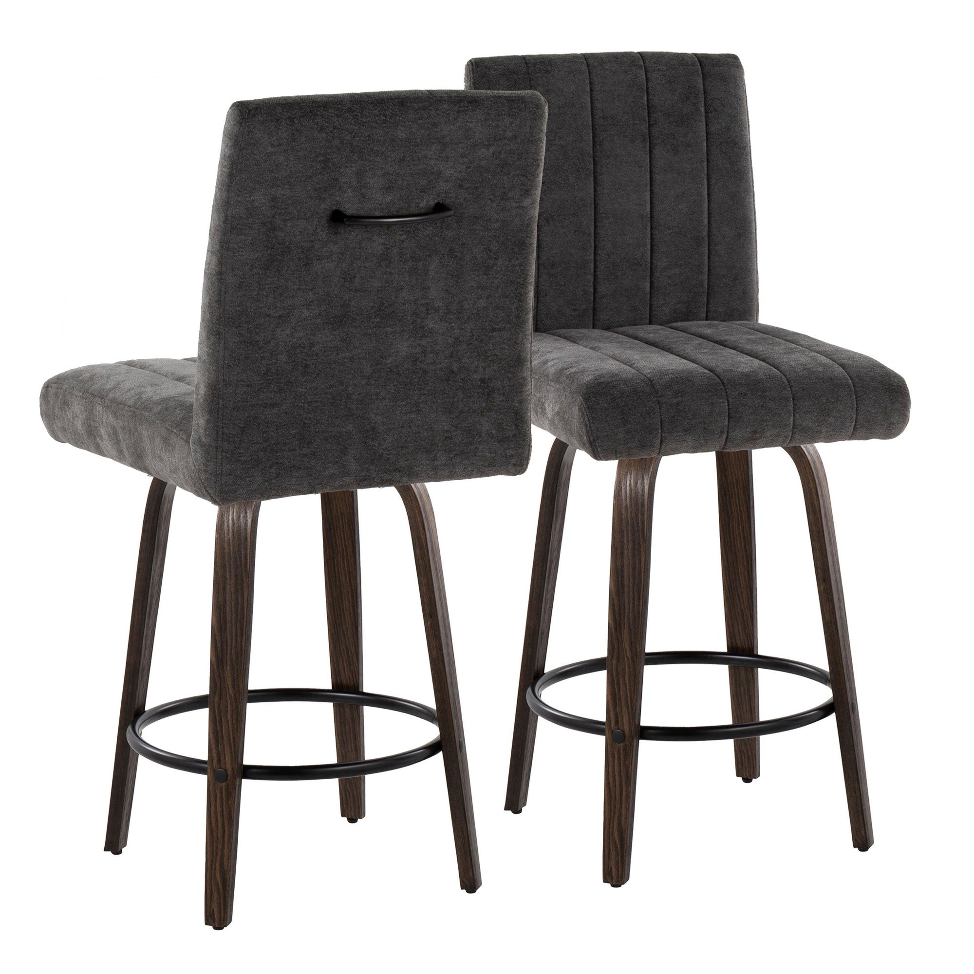 Hank 26" Fixed-Height Counter Stool - Set of 2 - Walnut Glazed Wood, Black Fabric, Black Metal