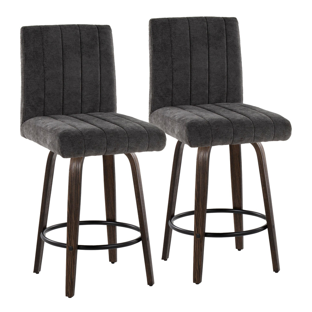 Hank 26" Fixed-Height Counter Stool - Set of 2 - Walnut Glazed Wood, Black Fabric, Black Metal