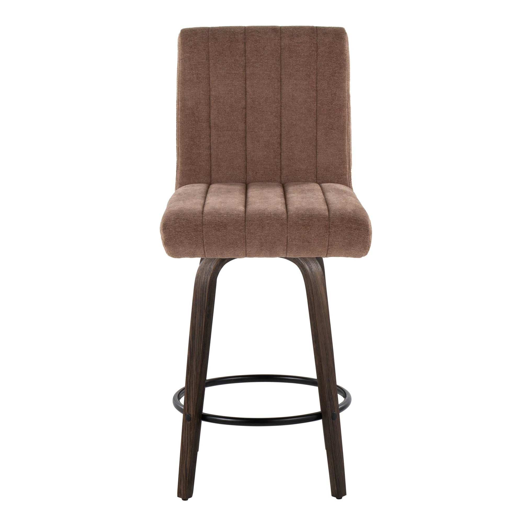 Hank 26" Fixed-Height Counter Stool - Set of 2 - Walnut Glazed Wood, Brown Fabric, Black Metal