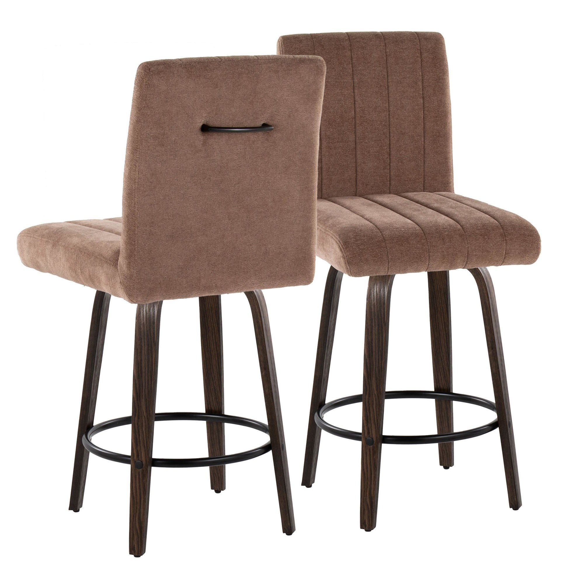 Hank 26" Fixed-Height Counter Stool - Set of 2 - Walnut Glazed Wood, Brown Fabric, Black Metal