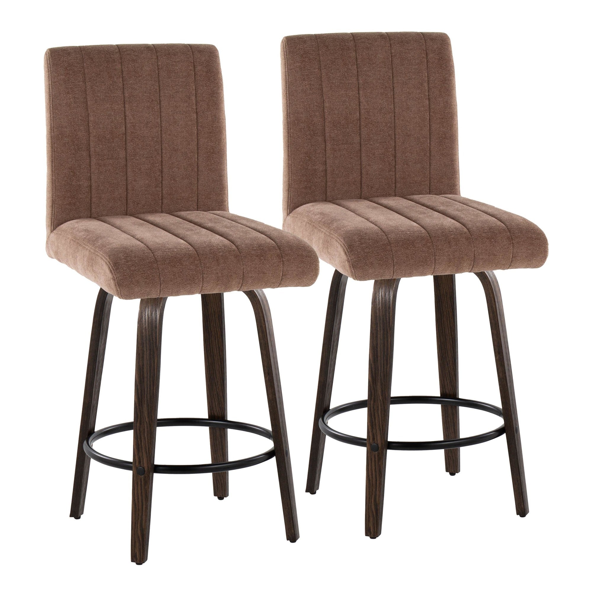 Hank 26" Fixed-Height Counter Stool - Set of 2 - Walnut Glazed Wood, Brown Fabric, Black Metal