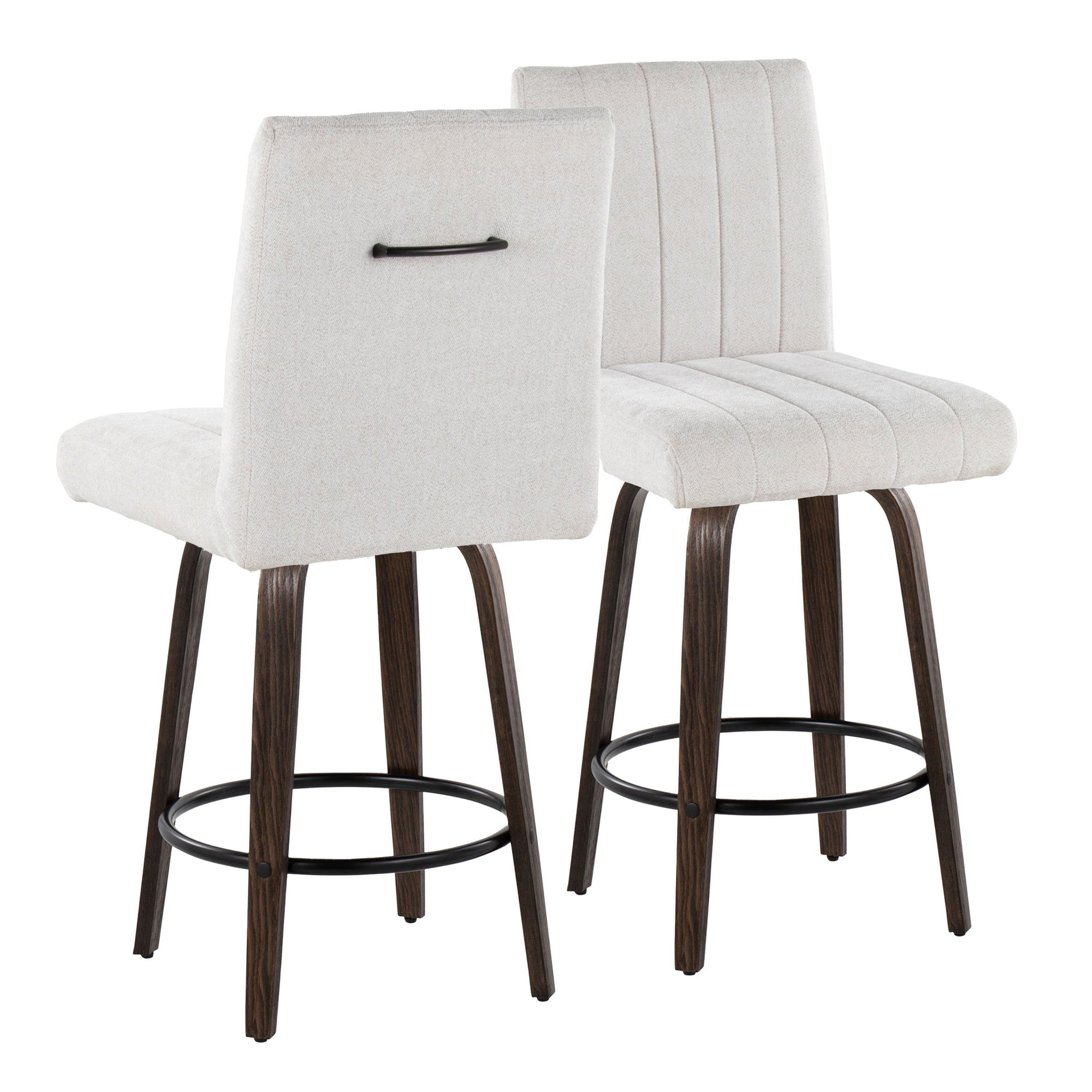 Hank 26" Fixed-Height Counter Stool - Set of 2 - Walnut Glazed Wood, Light Grey Fabric, Black Metal