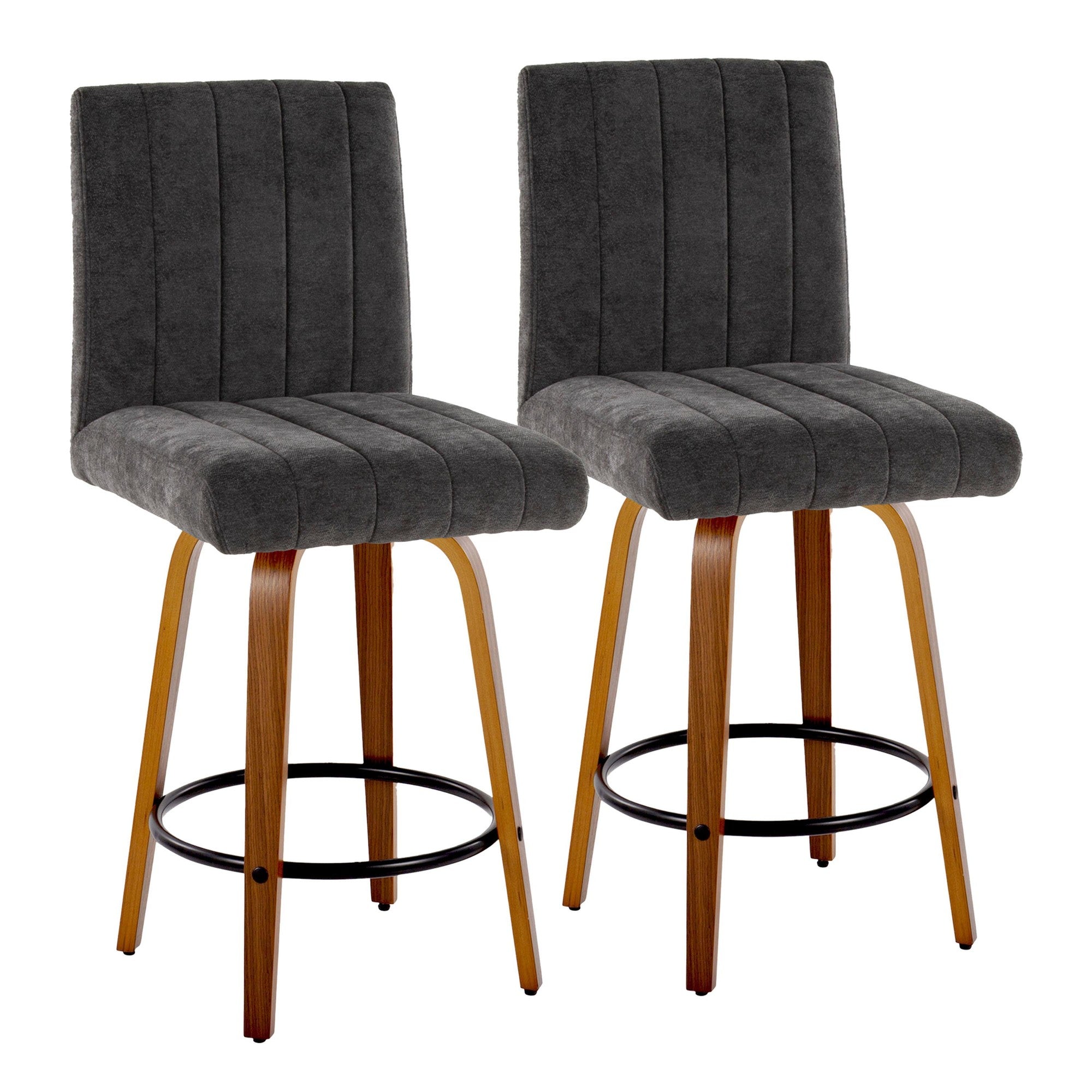 Hank 26" Fixed-Height Counter Stool - Set of 2 - Walnut Wood, Black Fabric, Black Metal