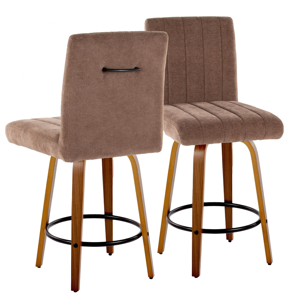 Hank 26" Fixed-Height Counter Stool - Set of 2 - Walnut Wood, Brown Fabric, Black Metal