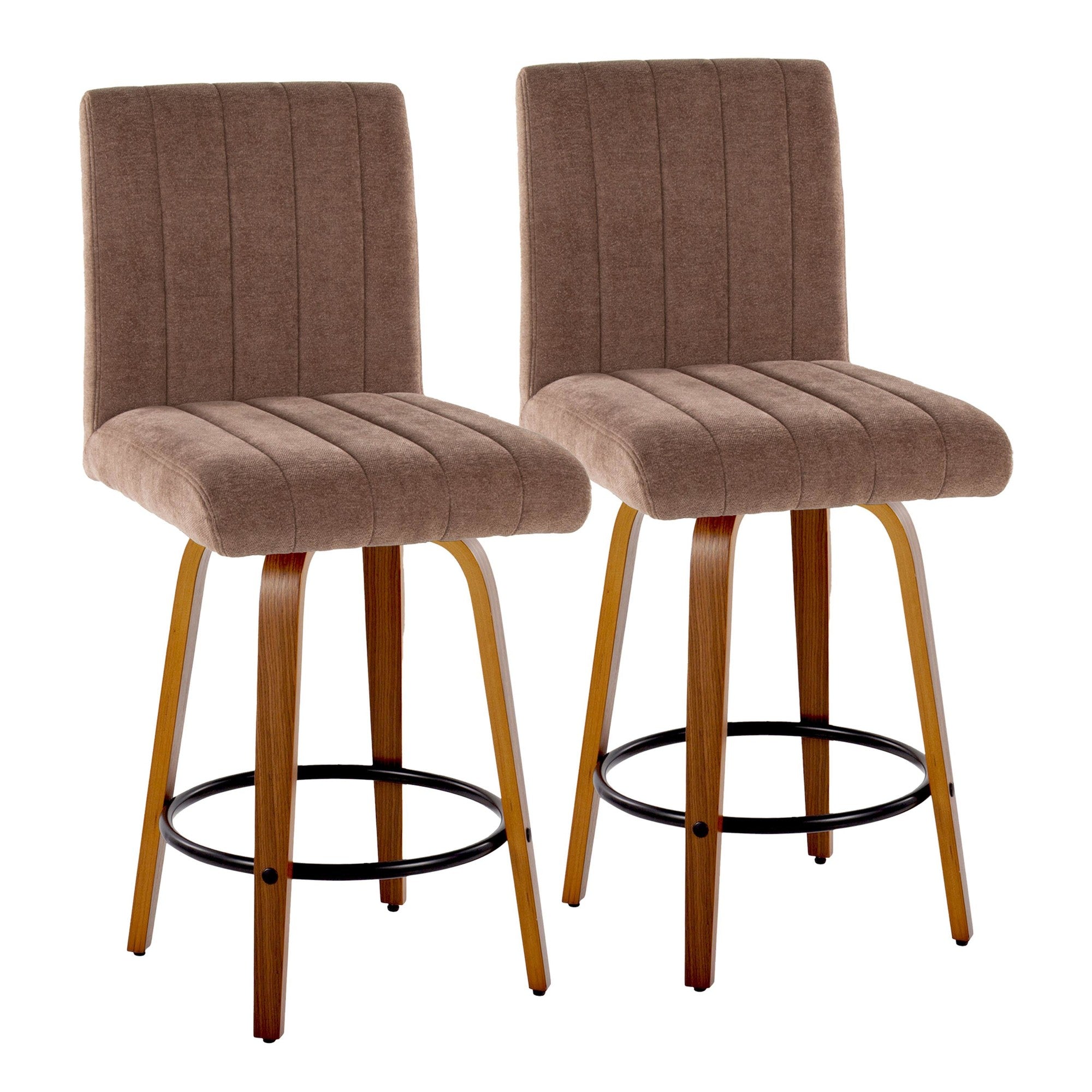 Hank 26" Fixed-Height Counter Stool - Set of 2 - Walnut Wood, Brown Fabric, Black Metal
