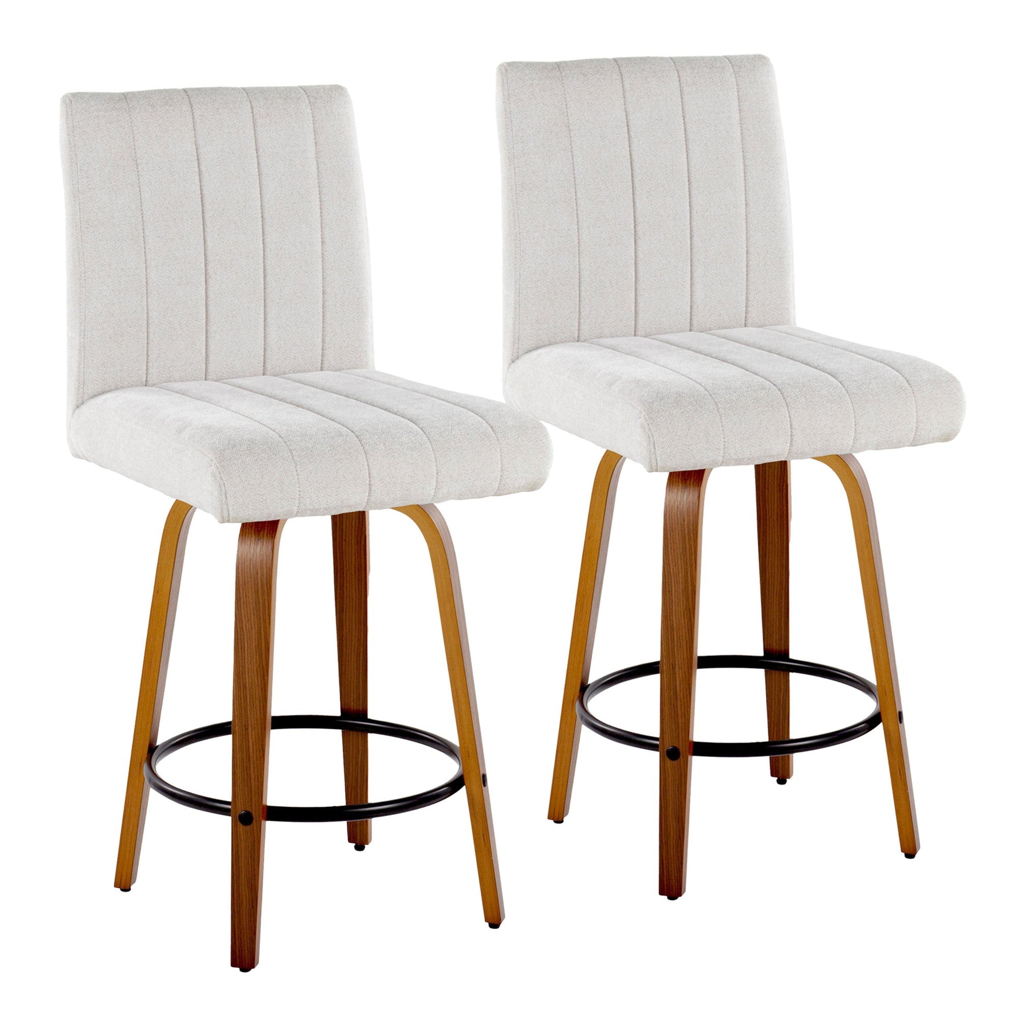 Hank 26" Fixed-Height Counter Stool - Set of 2 - Walnut Wood, Light Grey Fabric, Black Metal