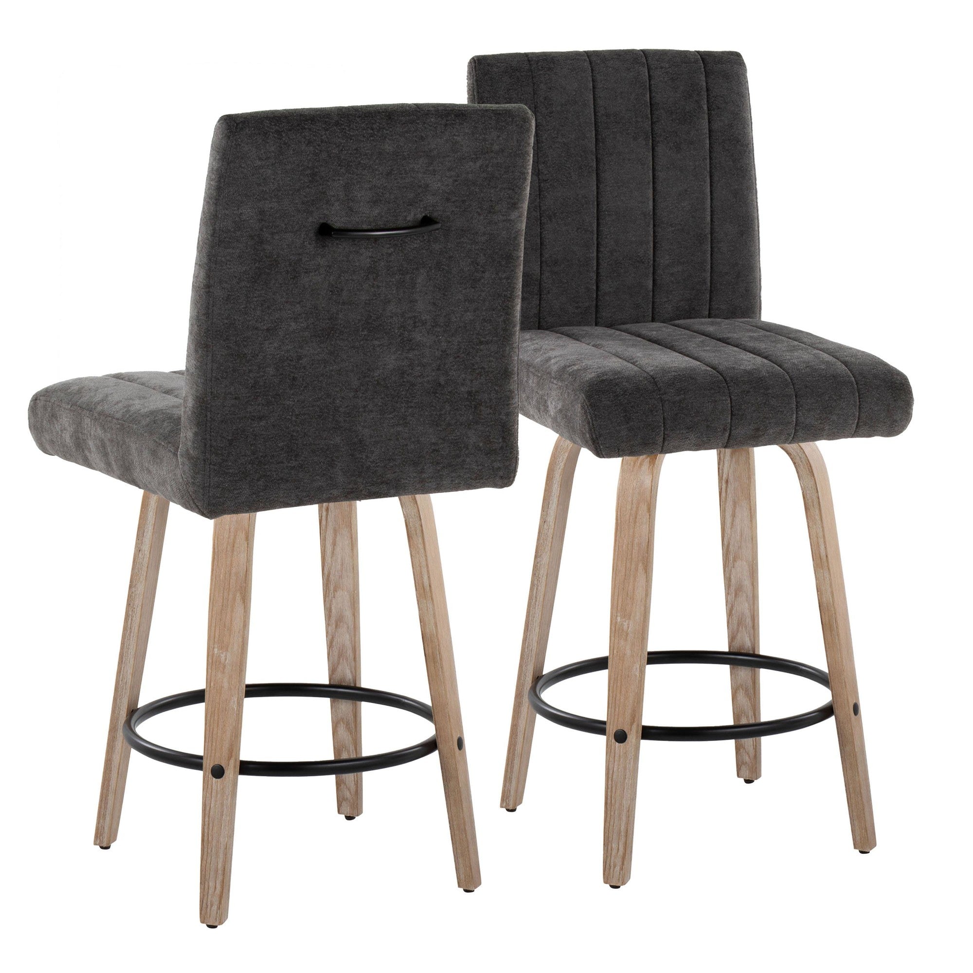 Hank 26" Fixed-Height Counter Stool - Set of 2 - Whitewashed Wood, Black Fabric, Black Metal