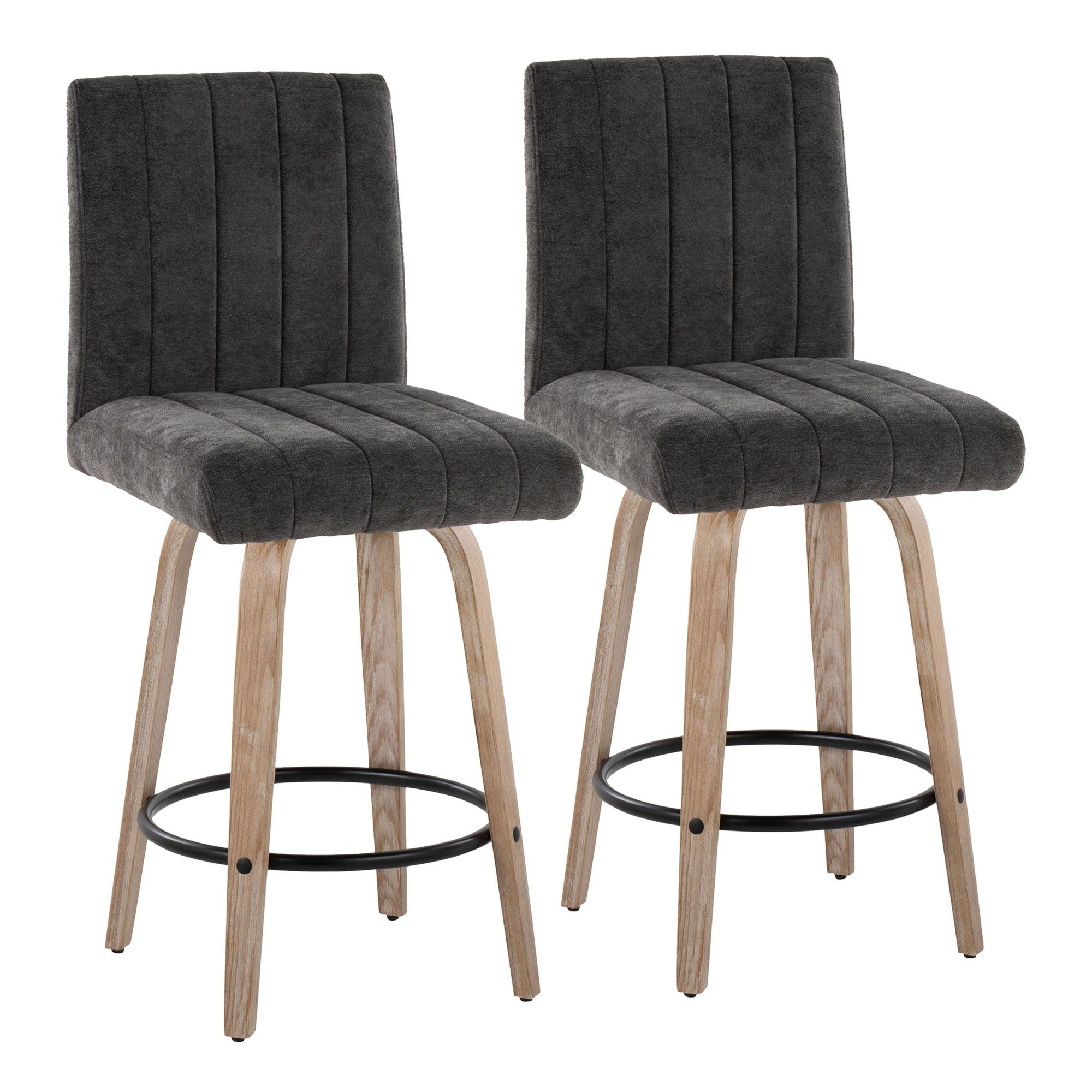 Hank 26" Fixed-Height Counter Stool - Set of 2 - Whitewashed Wood, Black Fabric, Black Metal