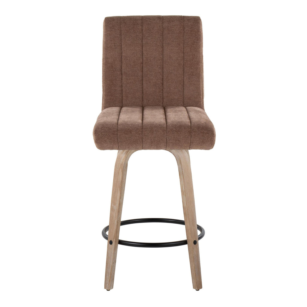 Hank 26" Fixed-Height Counter Stool - Set of 2 - Whitewashed Wood, Brown Fabric, Black Metal