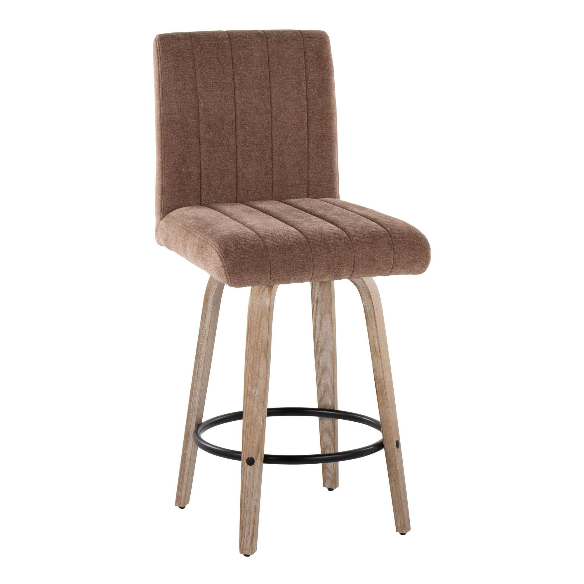 Hank 26" Fixed-Height Counter Stool - Set of 2 - Whitewashed Wood, Brown Fabric, Black Metal