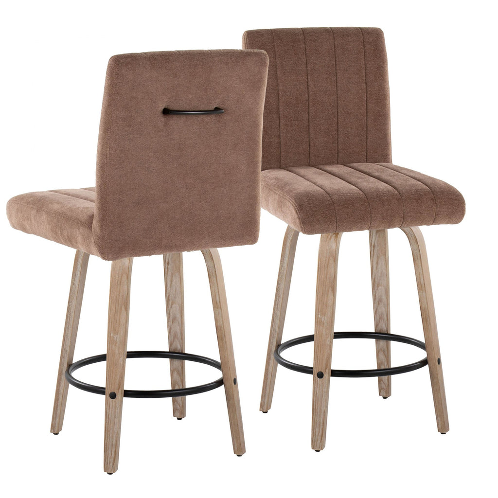 Hank 26" Fixed-Height Counter Stool - Set of 2 - Whitewashed Wood, Brown Fabric, Black Metal