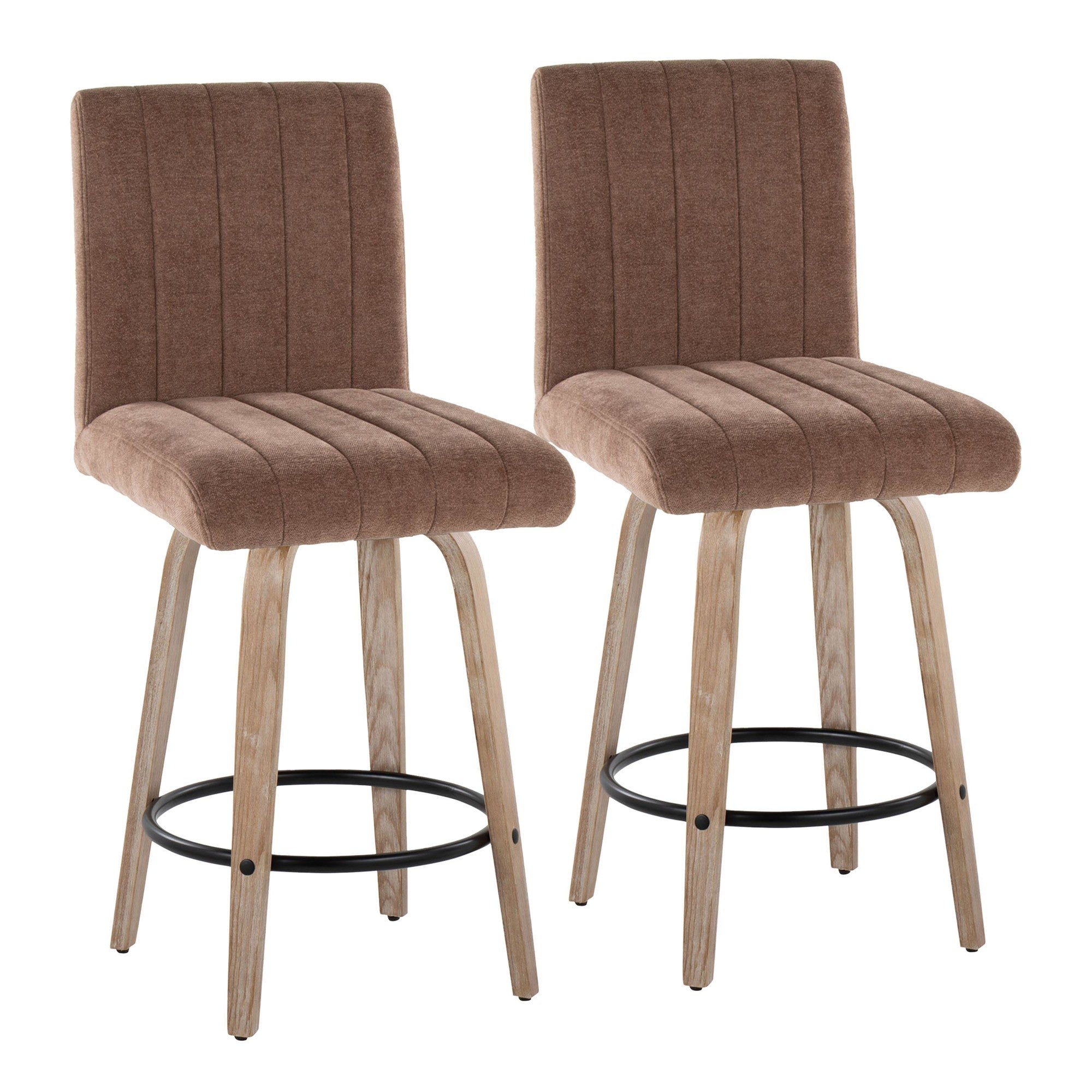 Hank 26" Fixed-Height Counter Stool - Set of 2 - Whitewashed Wood, Brown Fabric, Black Metal