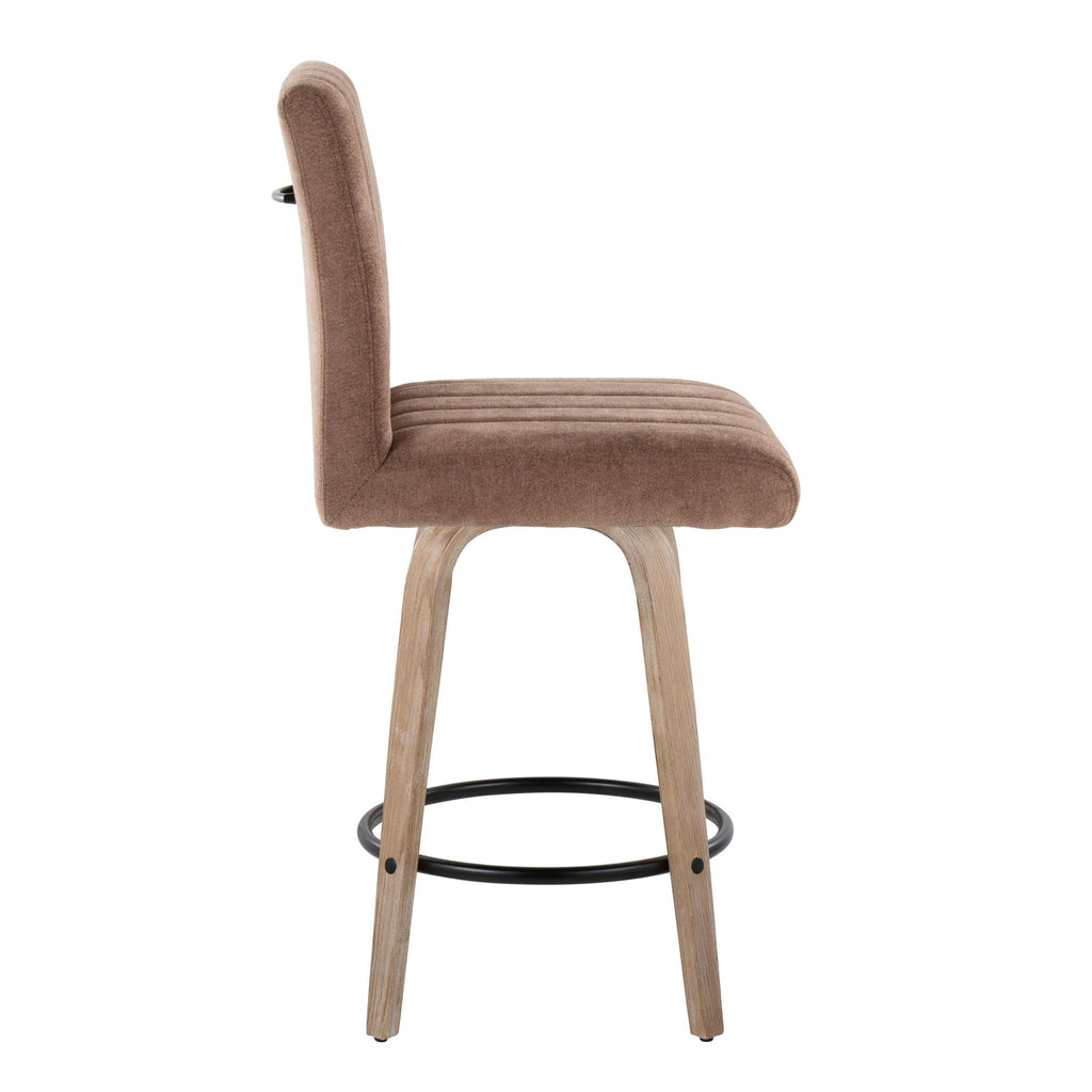 Hank 26" Fixed-Height Counter Stool - Set of 2 - Whitewashed Wood, Brown Fabric, Black Metal